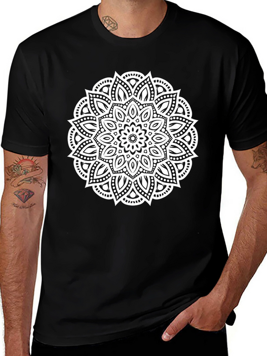Black T-Shirt with White Mandala Design