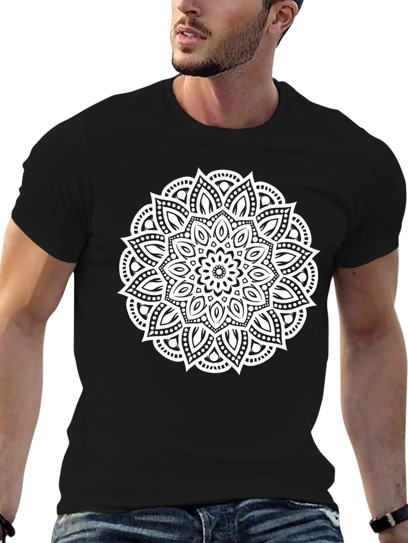 Black T-Shirt with White Mandala Design