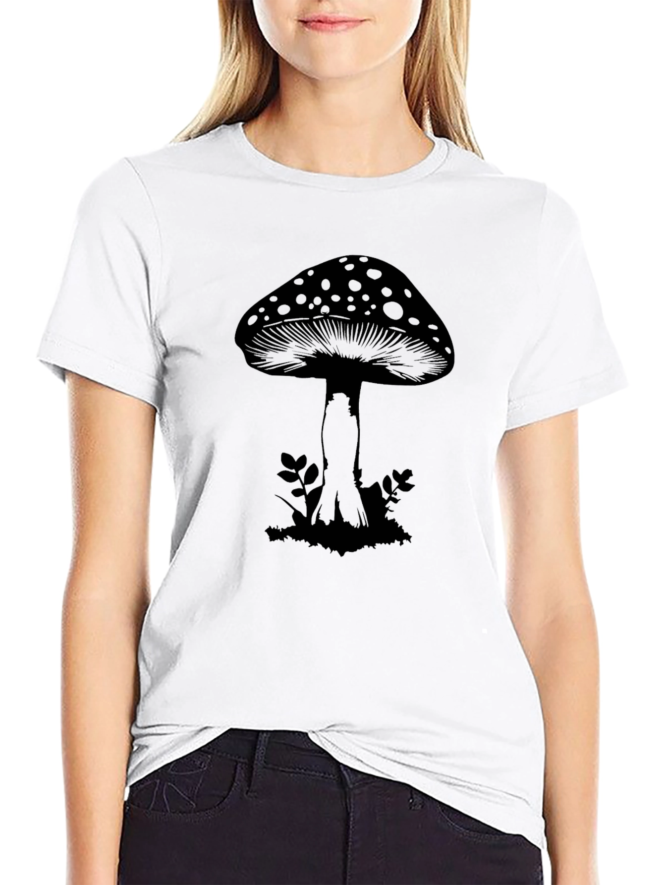 Mushroom Graphic Tee - Black Cotton Casual T-Shirt