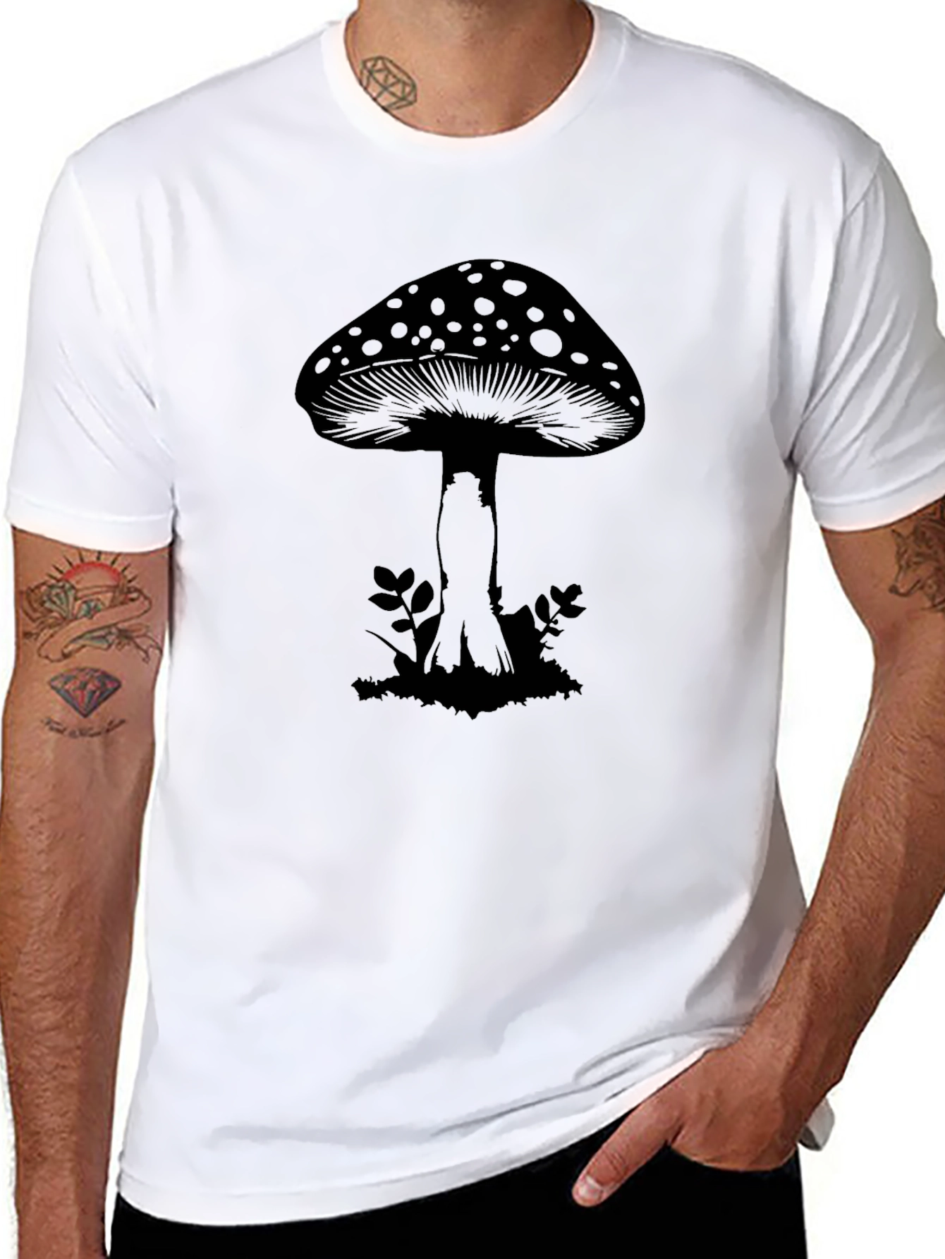 Mushroom Graphic Tee - Black Cotton Casual T-Shirt