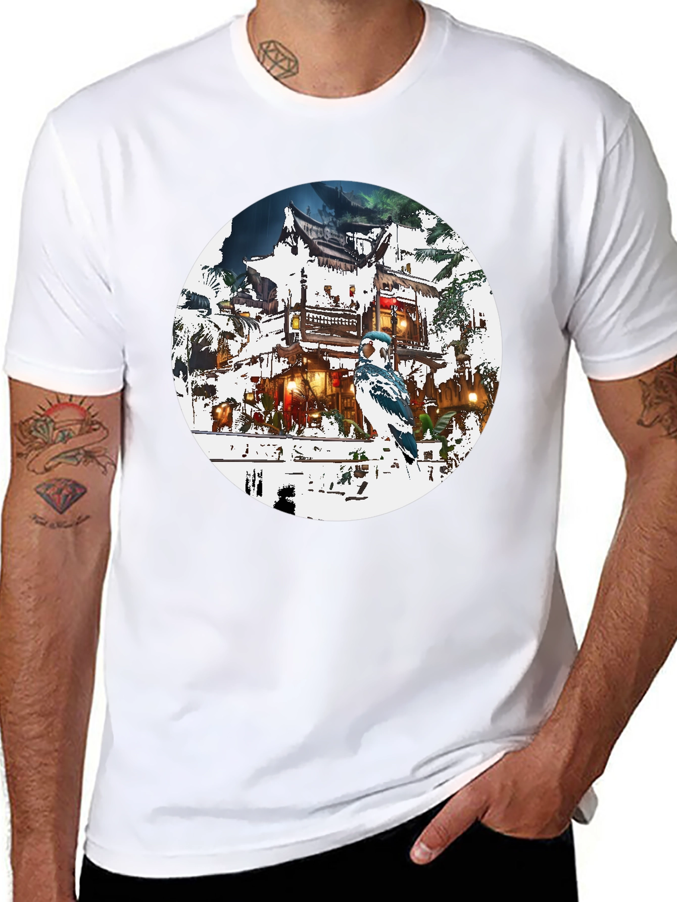 Asian-Inspired T-Shirt with Bird Design