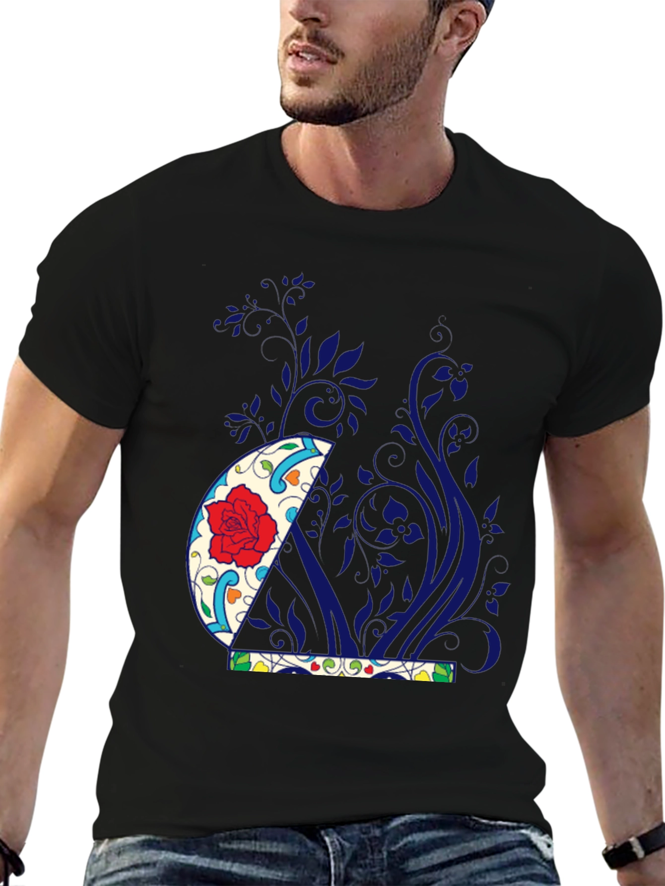 Floral Crescent Graphic Black Tee