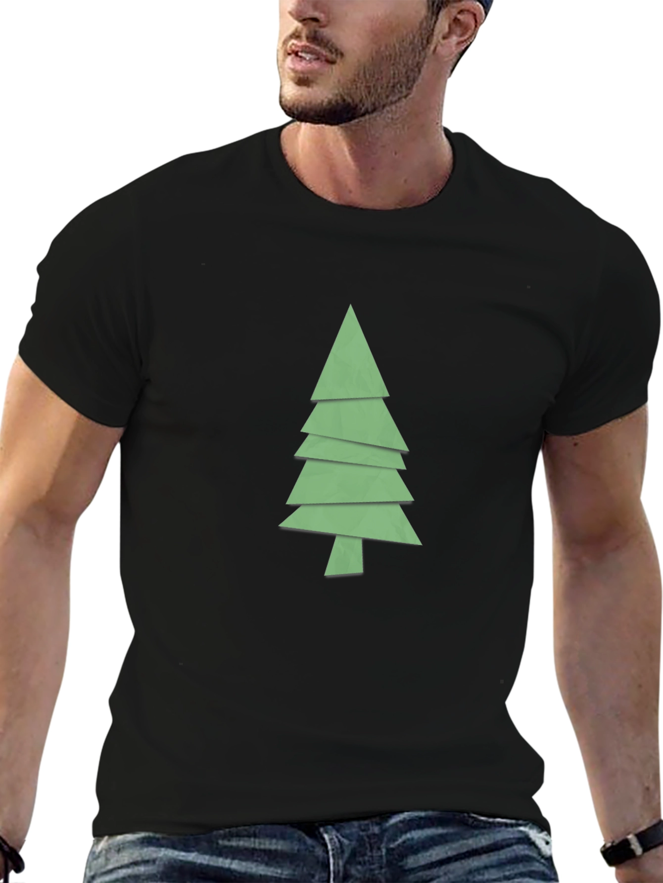 Geometric Christmas Tree Graphic Tee - Black