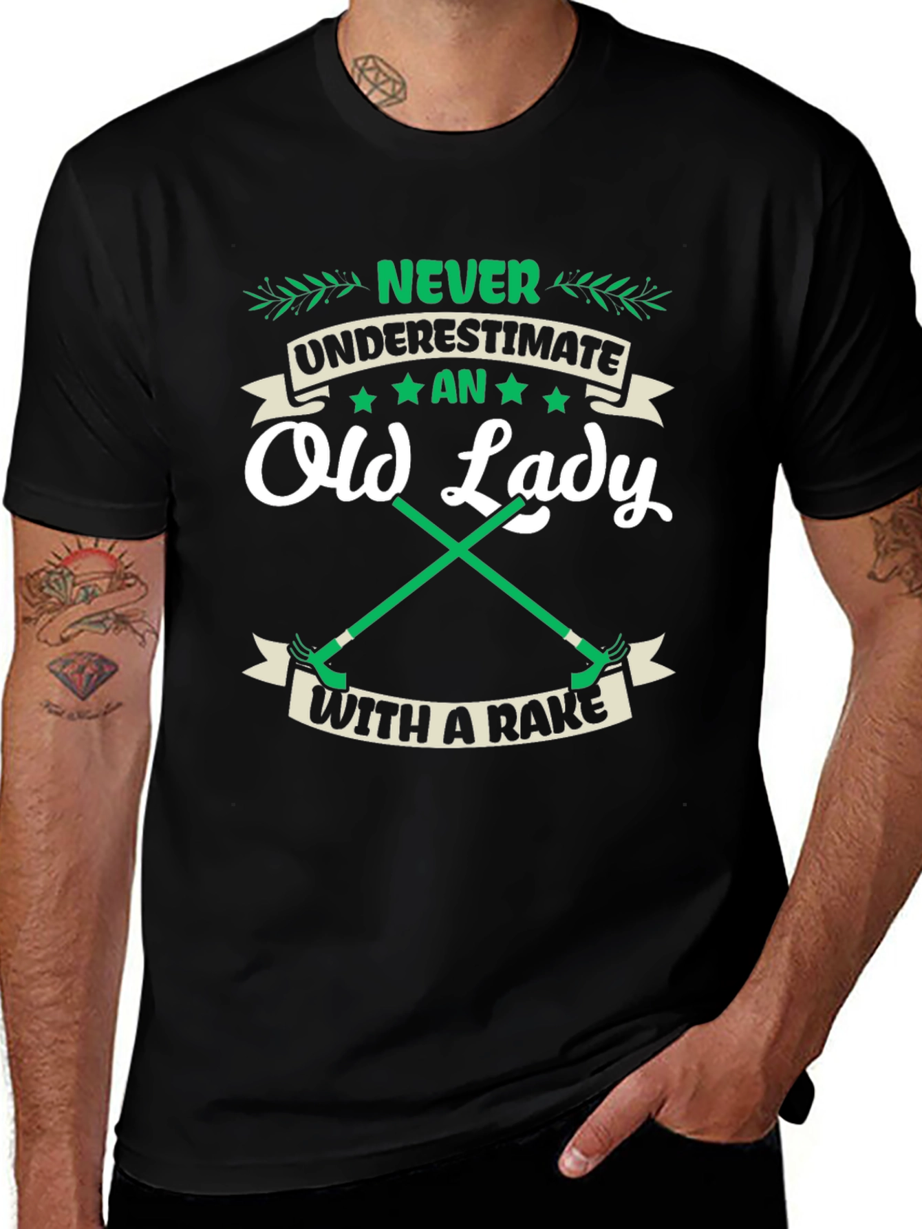 Funny Old Lady With A Rake Graphic T-Shirt