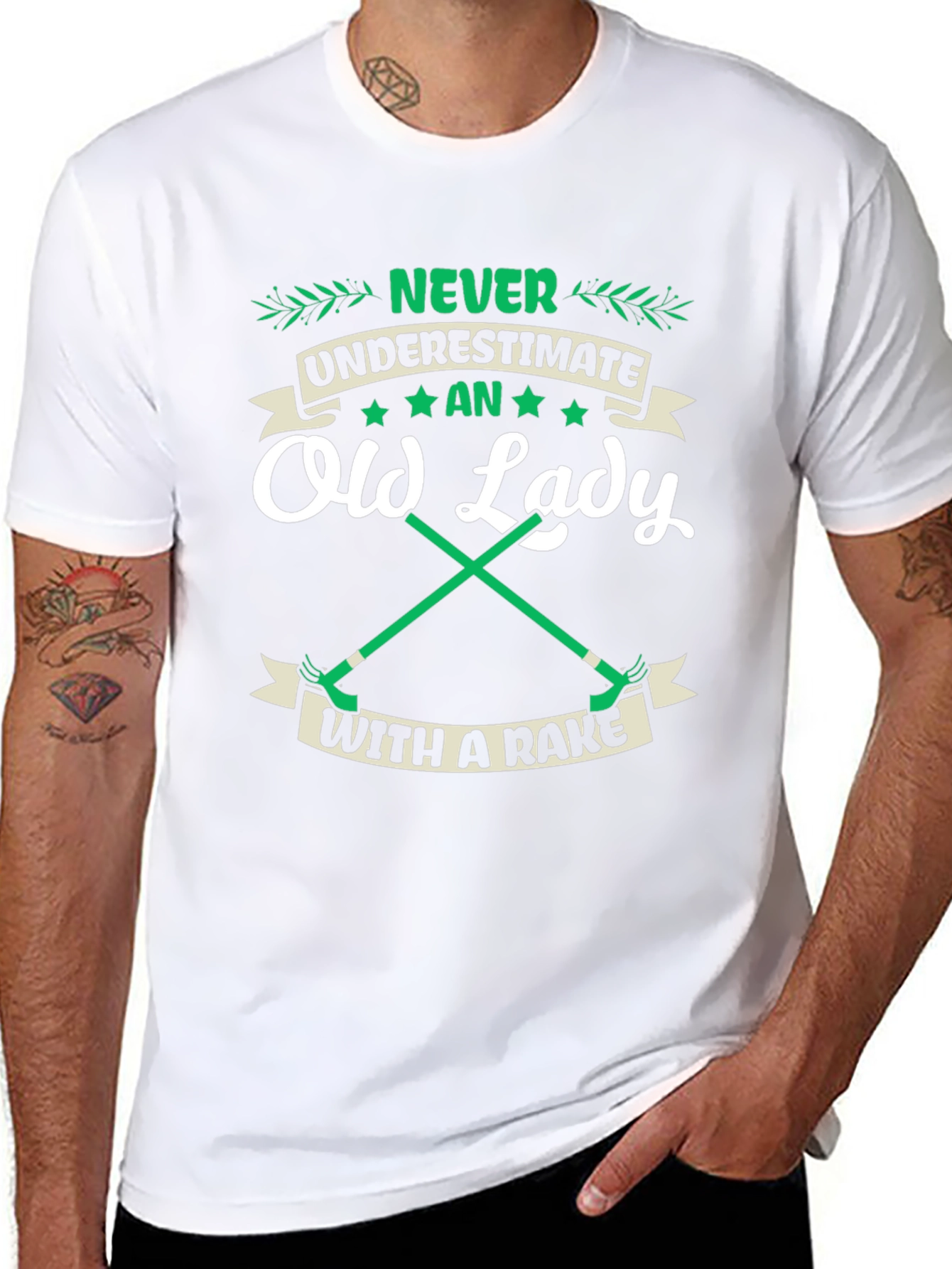 Funny Old Lady With A Rake Graphic T-Shirt