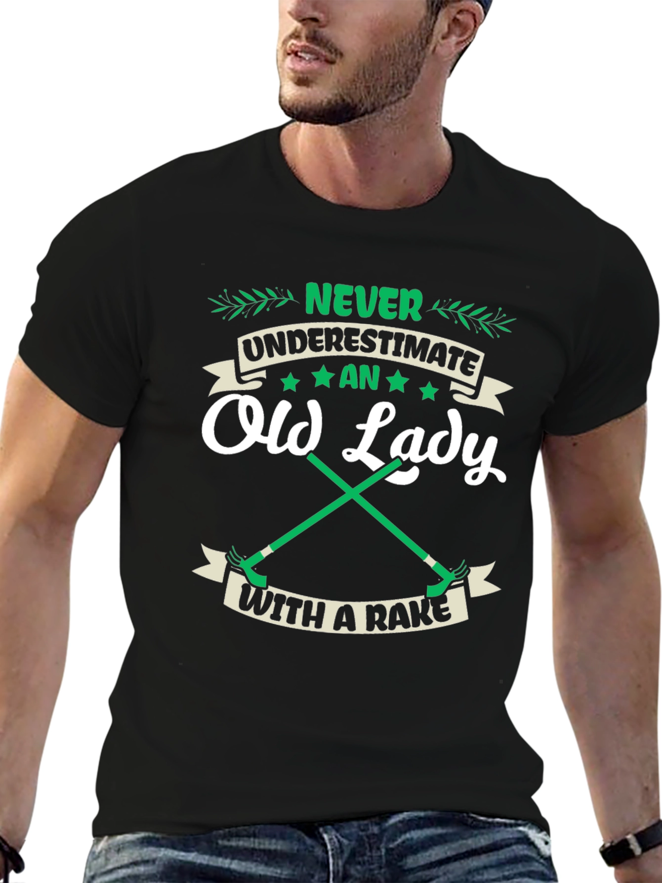Funny Old Lady With A Rake Graphic T-Shirt