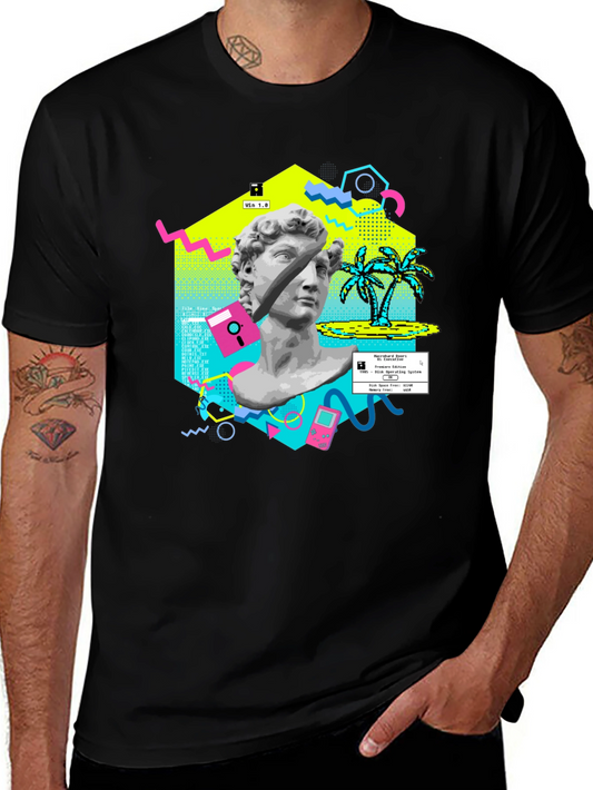 Retro Vaporwave Graphic Tee - Statue & Pixel Art T-Shirt