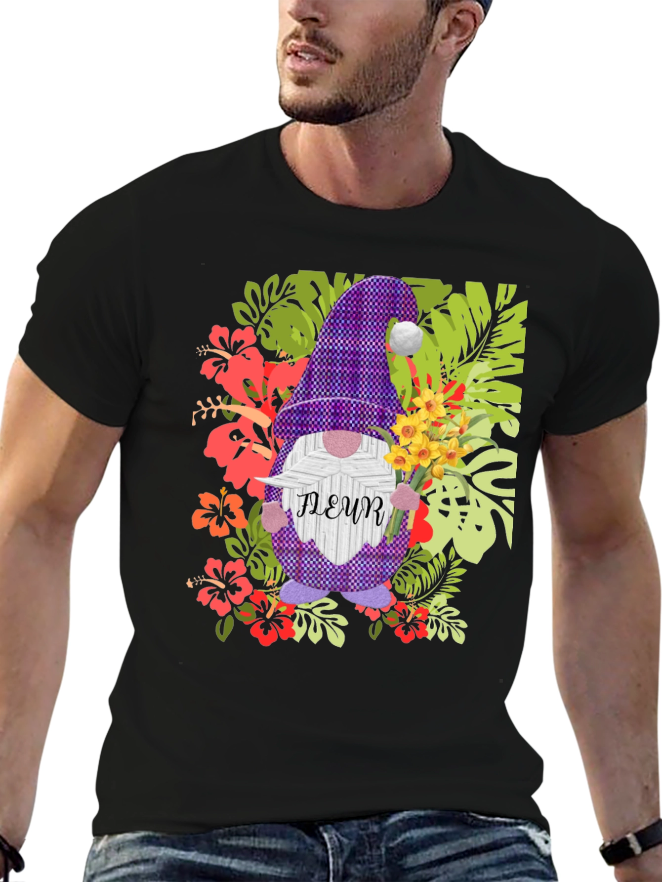 Gnome Fleur Graphic T-Shirt - Floral Garden Design