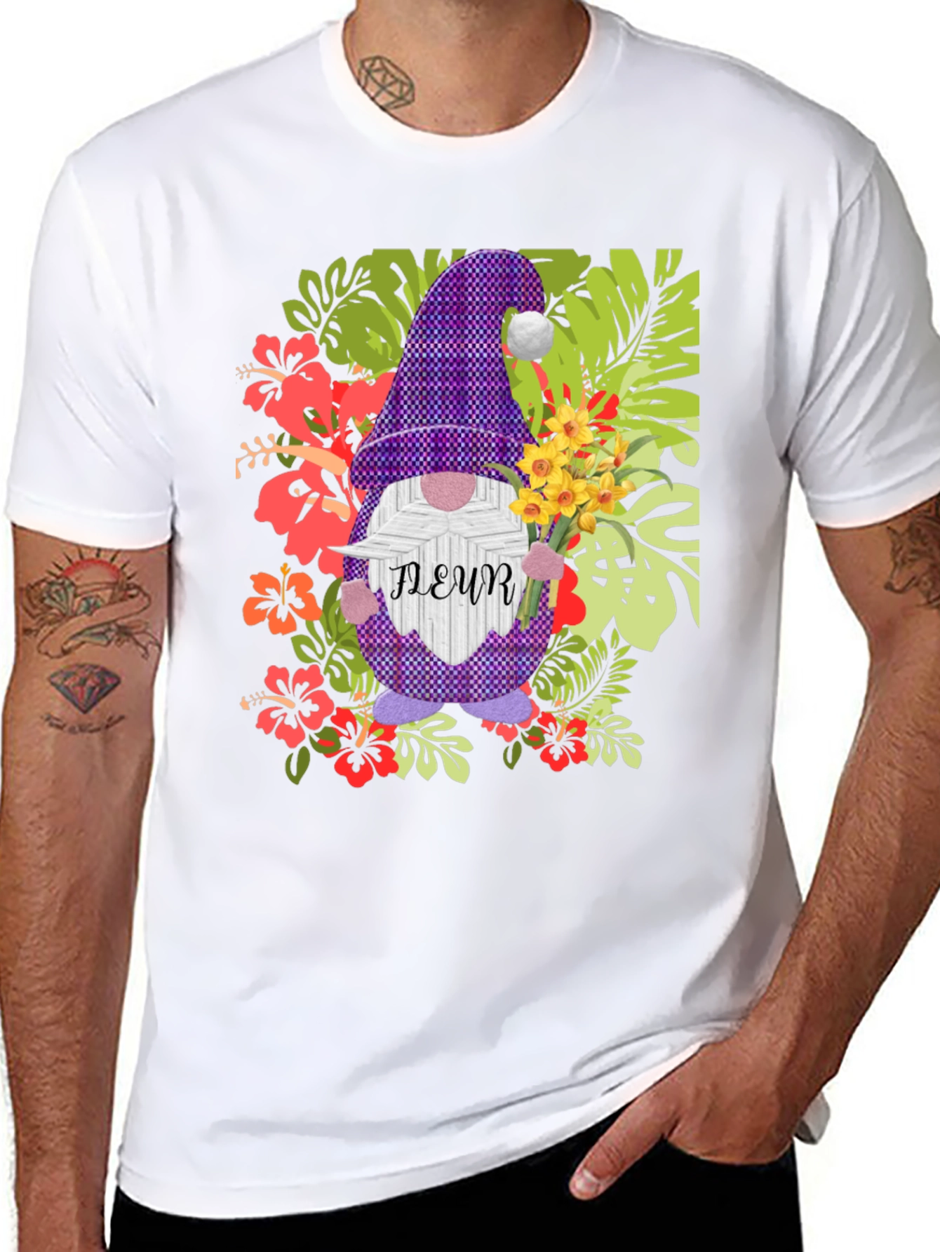 Gnome Fleur Graphic T-Shirt - Floral Garden Design