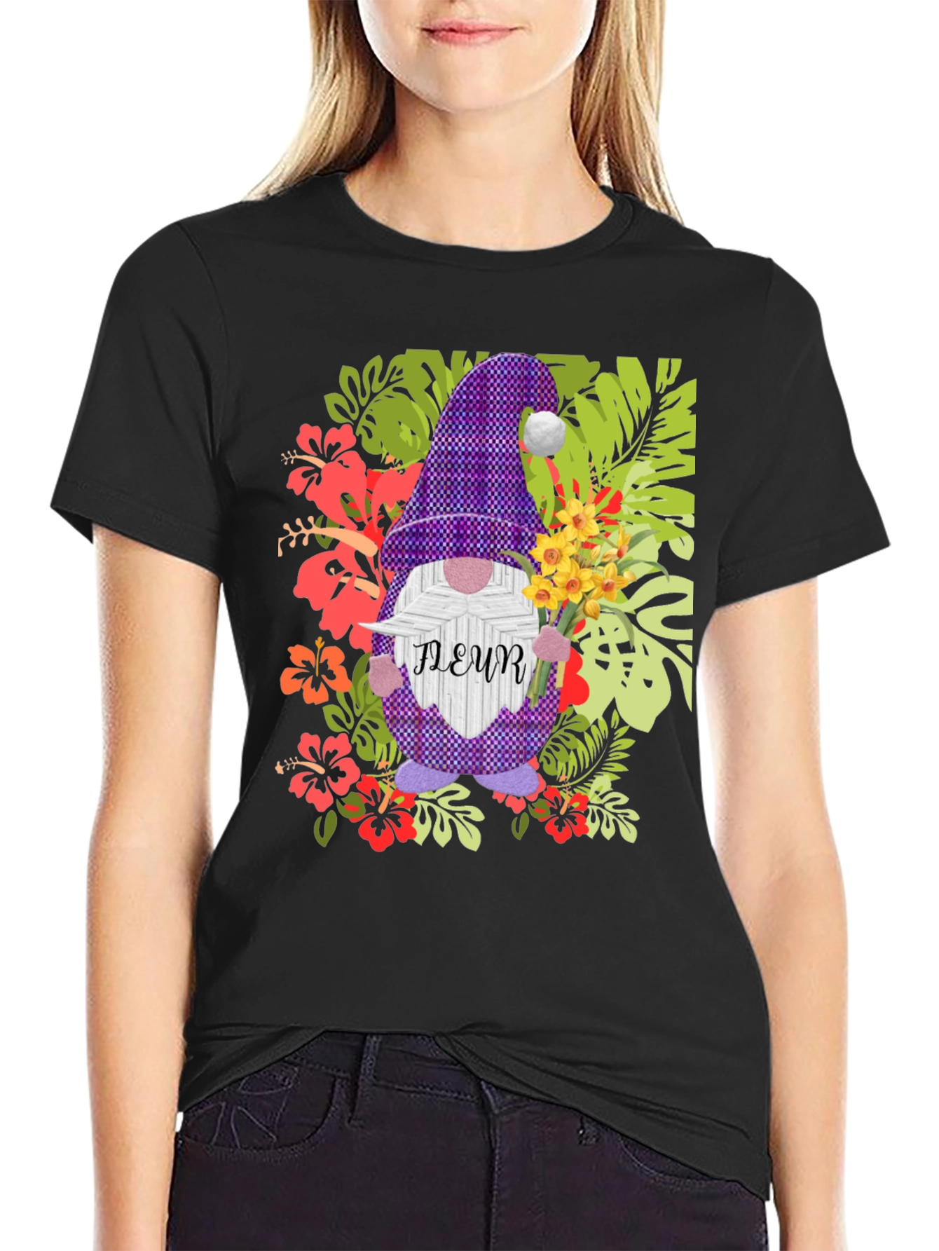 Gnome Fleur Graphic T-Shirt - Floral Garden Design