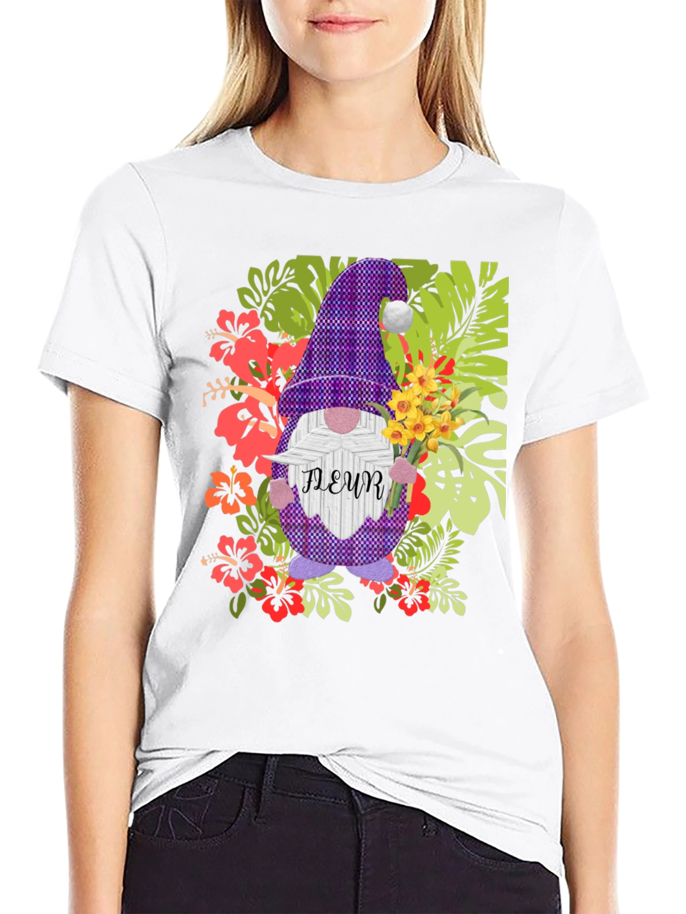 Gnome Fleur Graphic T-Shirt - Floral Garden Design