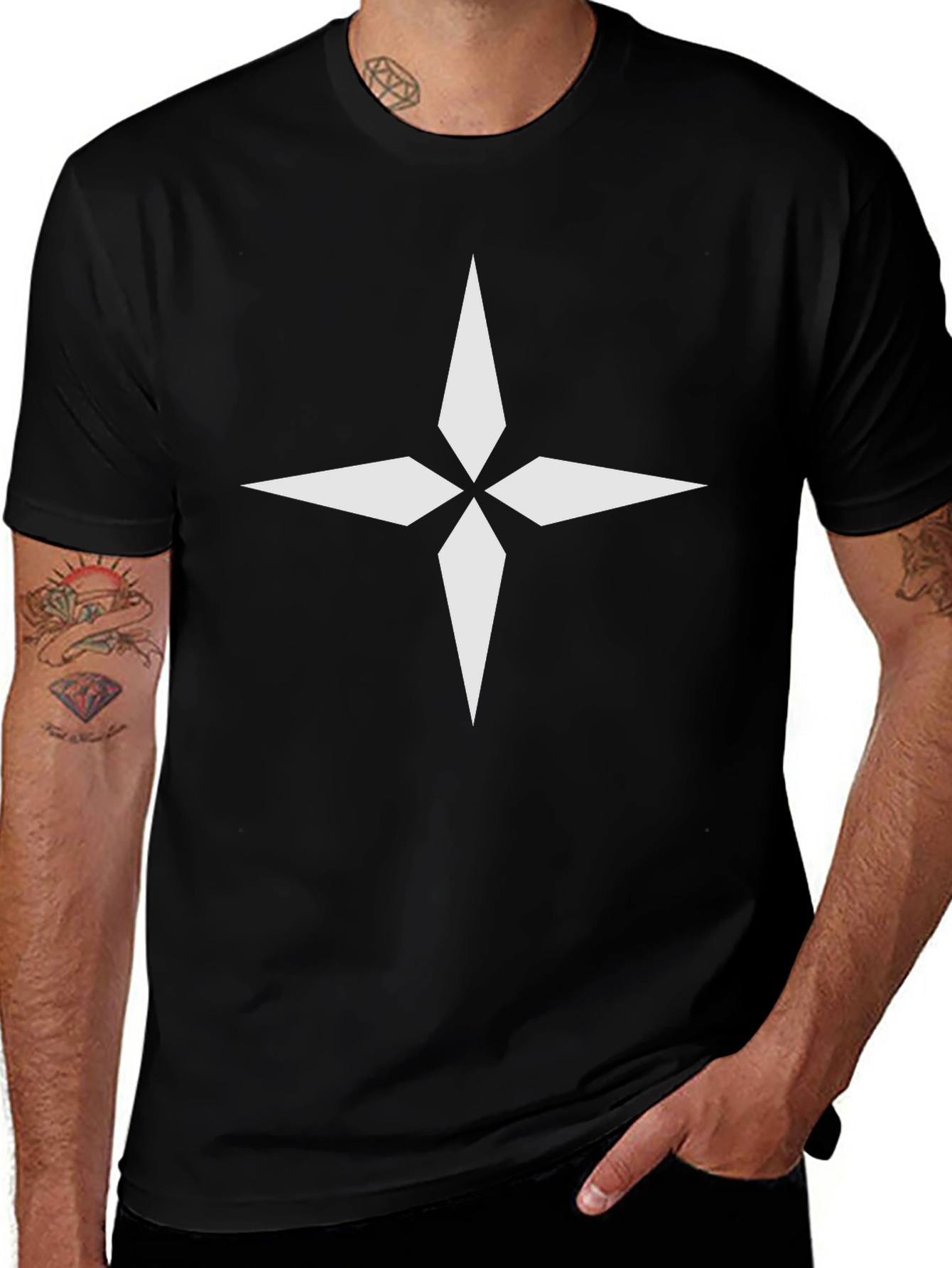 Modern Black T-Shirt with White Compass Graphic