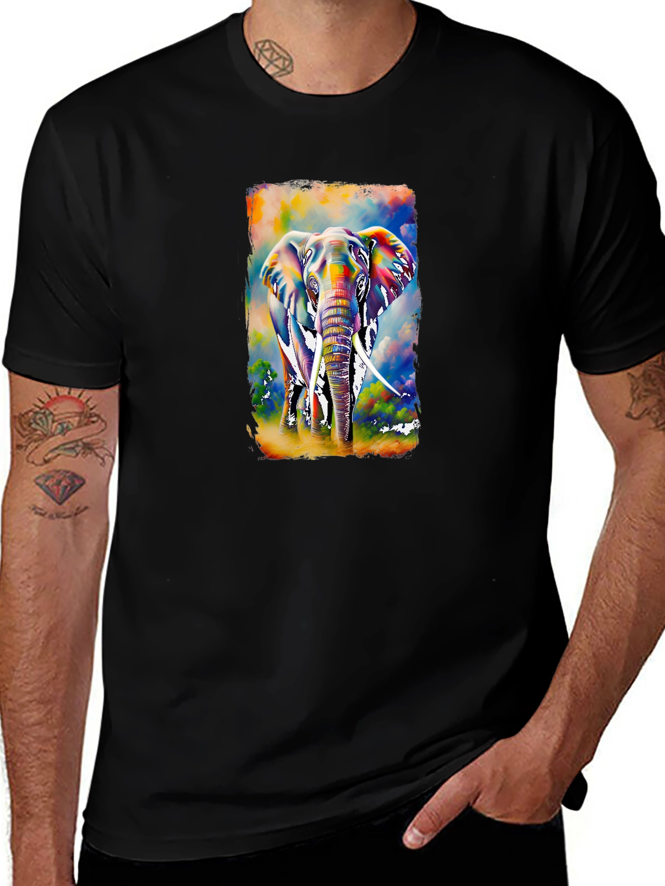 Vibrant Elephant Graphic T-Shirt - Black