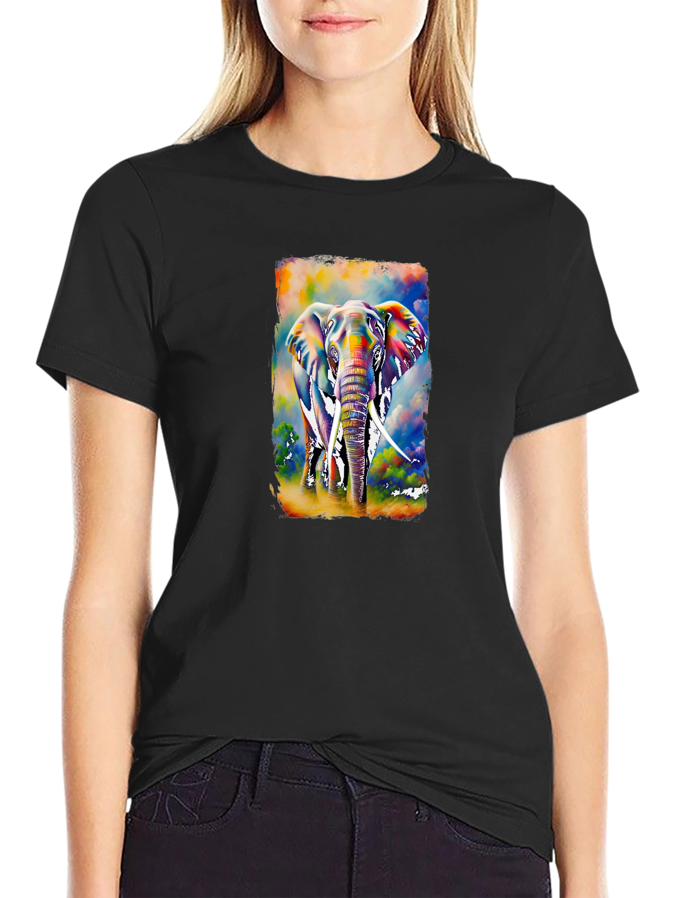 Vibrant Elephant Graphic T-Shirt - Black