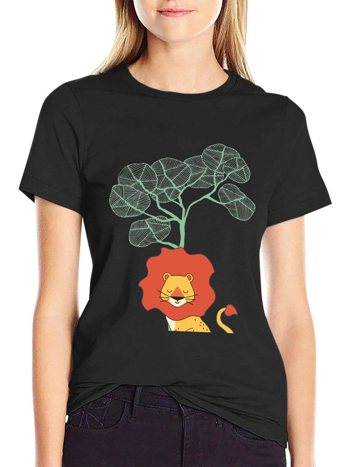 Lion & Tree Graphic Print Black T-Shirt