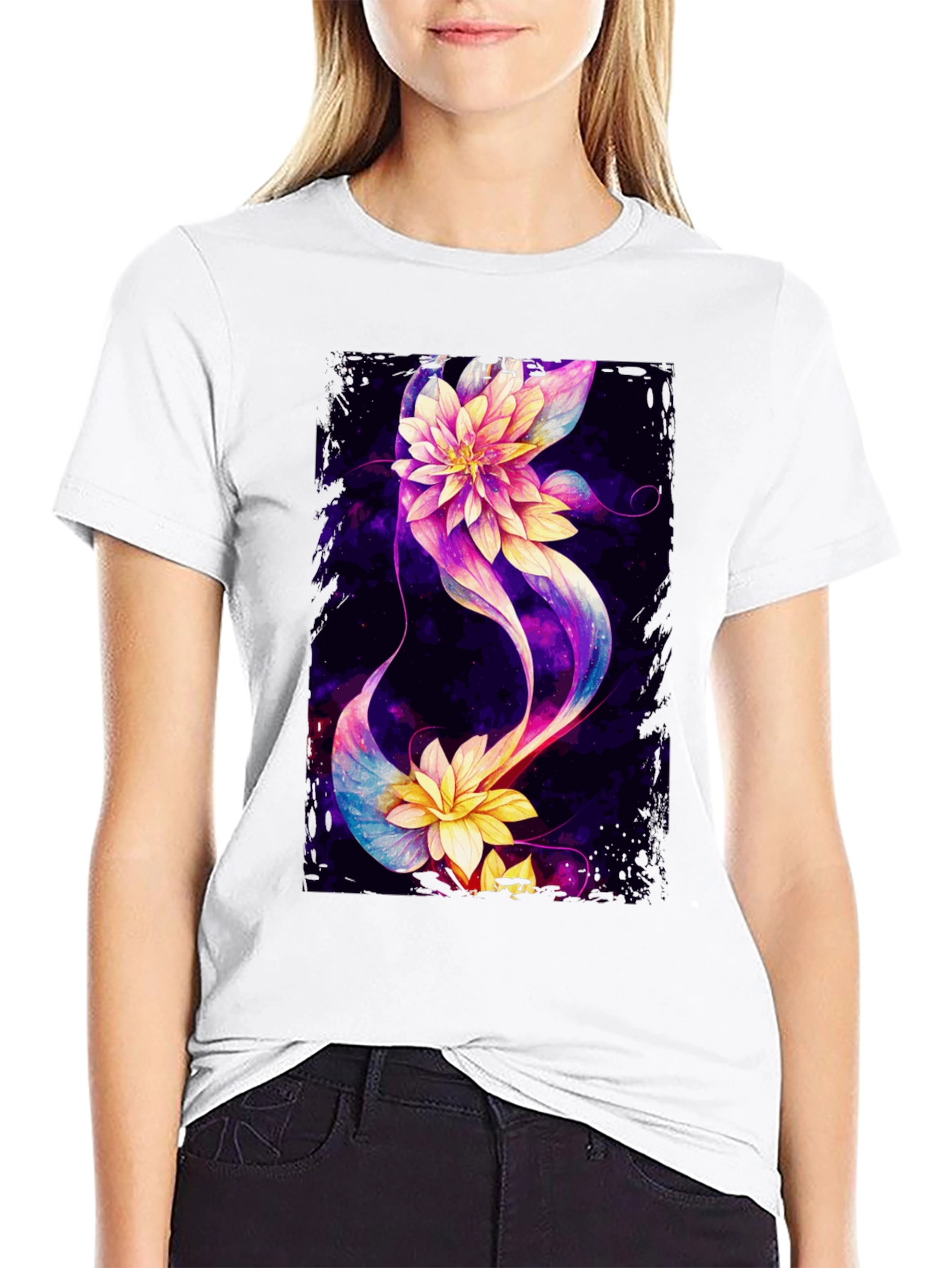 Floral Galaxy Black T-Shirt - Unique Design