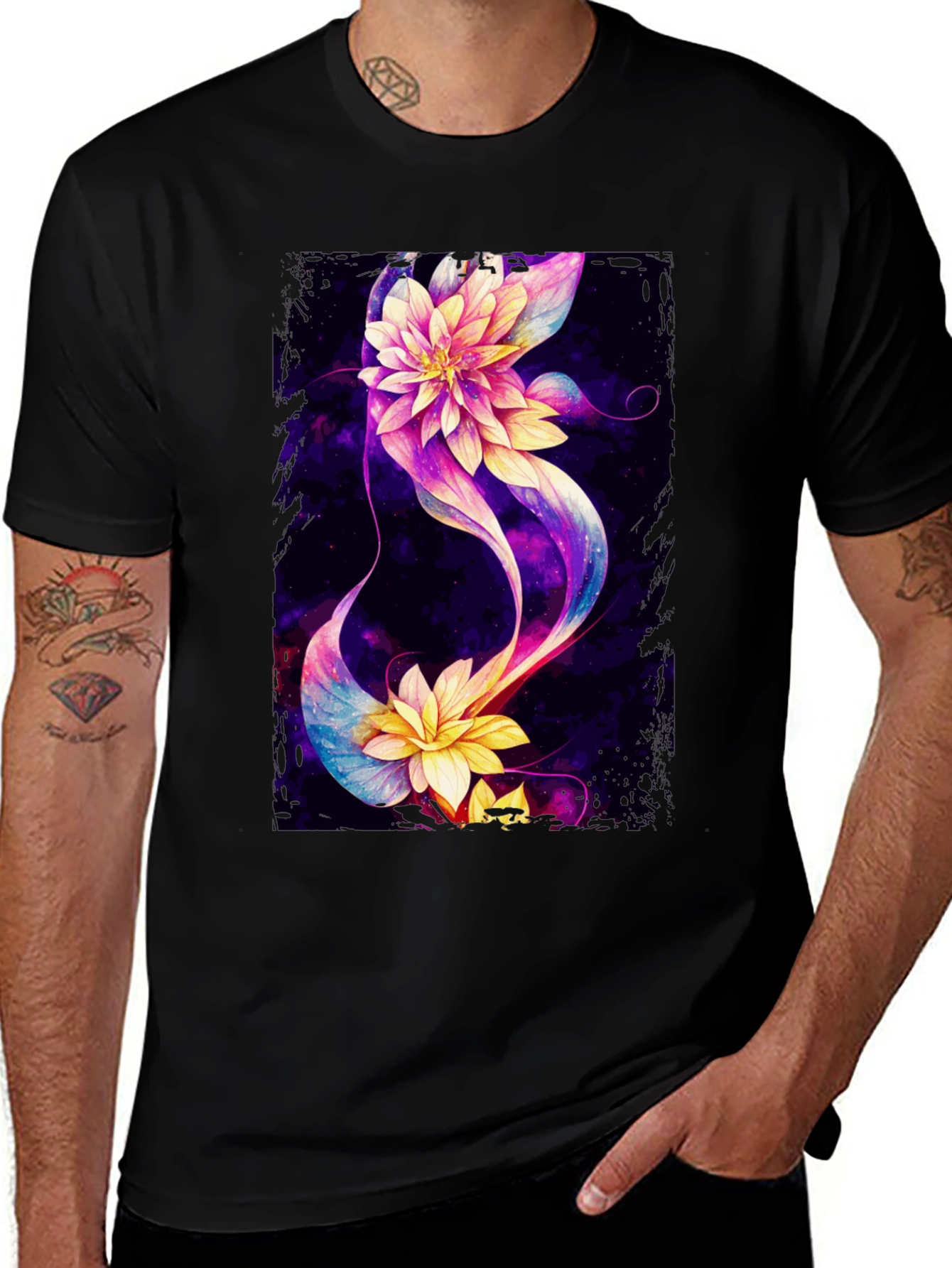 Floral Galaxy Black T-Shirt - Unique Design
