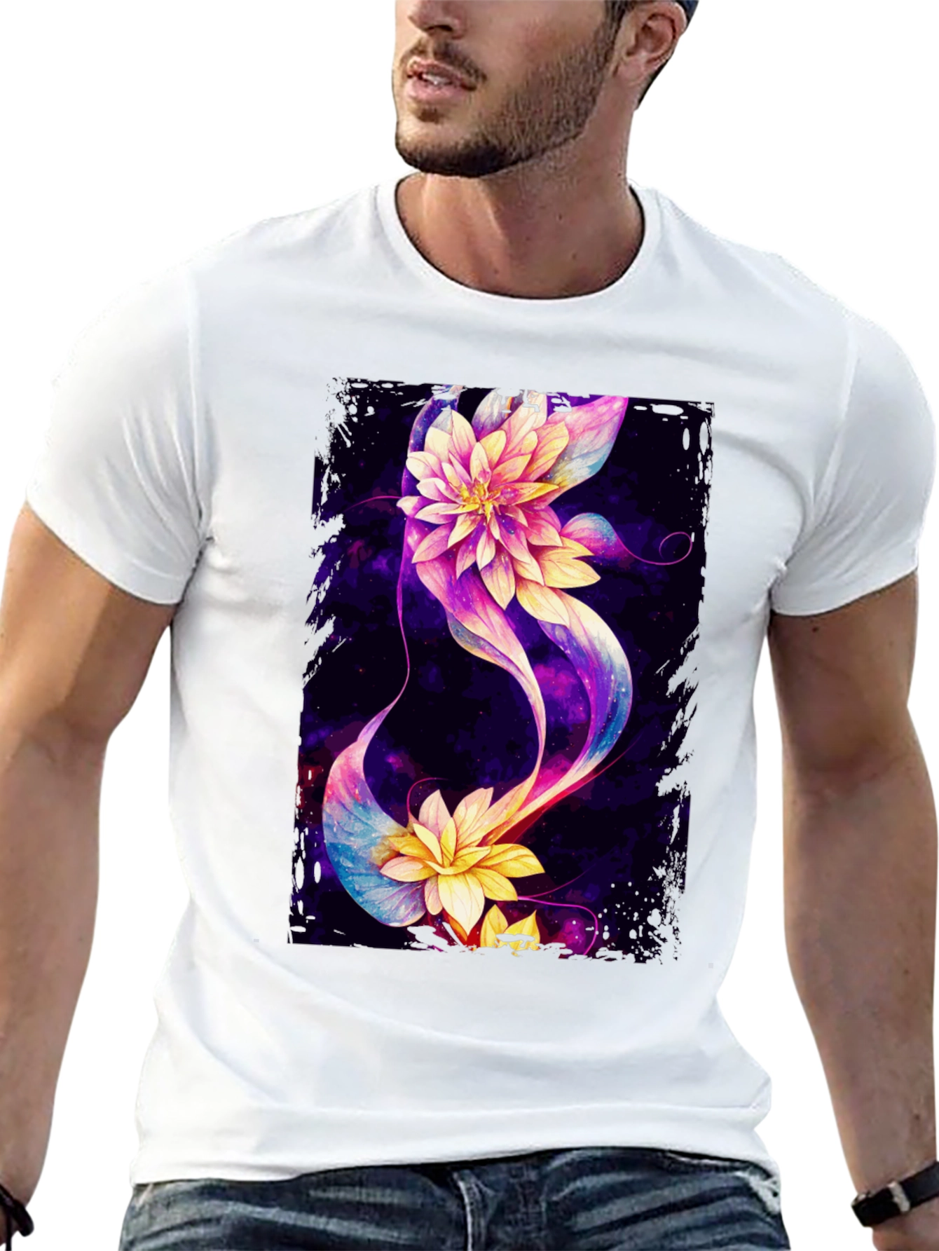 Floral Galaxy Black T-Shirt - Unique Design