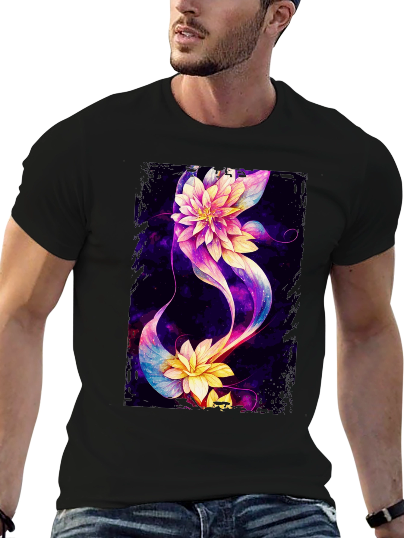Floral Galaxy Black T-Shirt - Unique Design