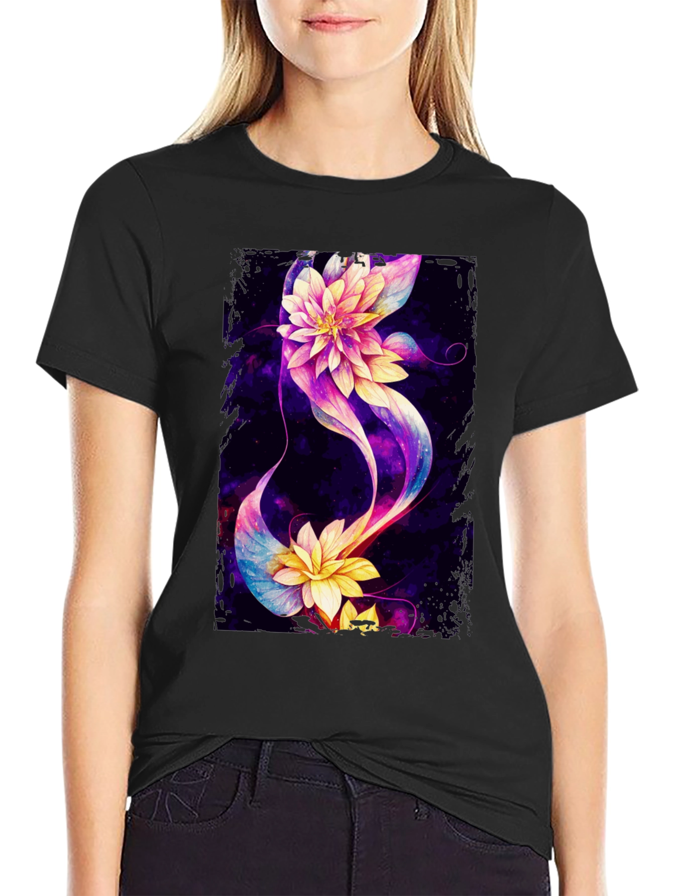 Floral Galaxy Black T-Shirt - Unique Design