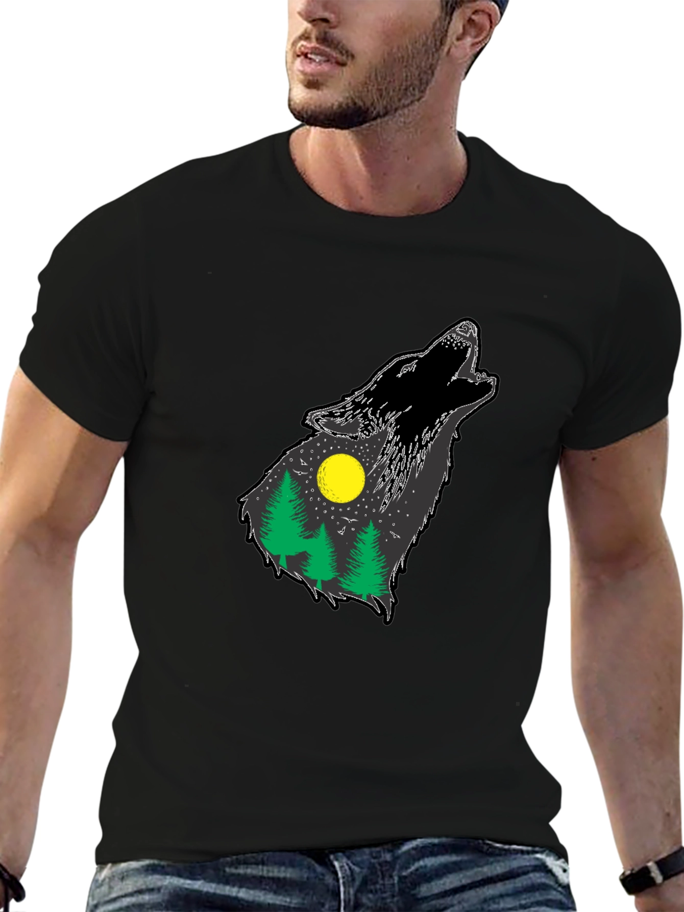Wolf Howling Forest T-Shirt - Black