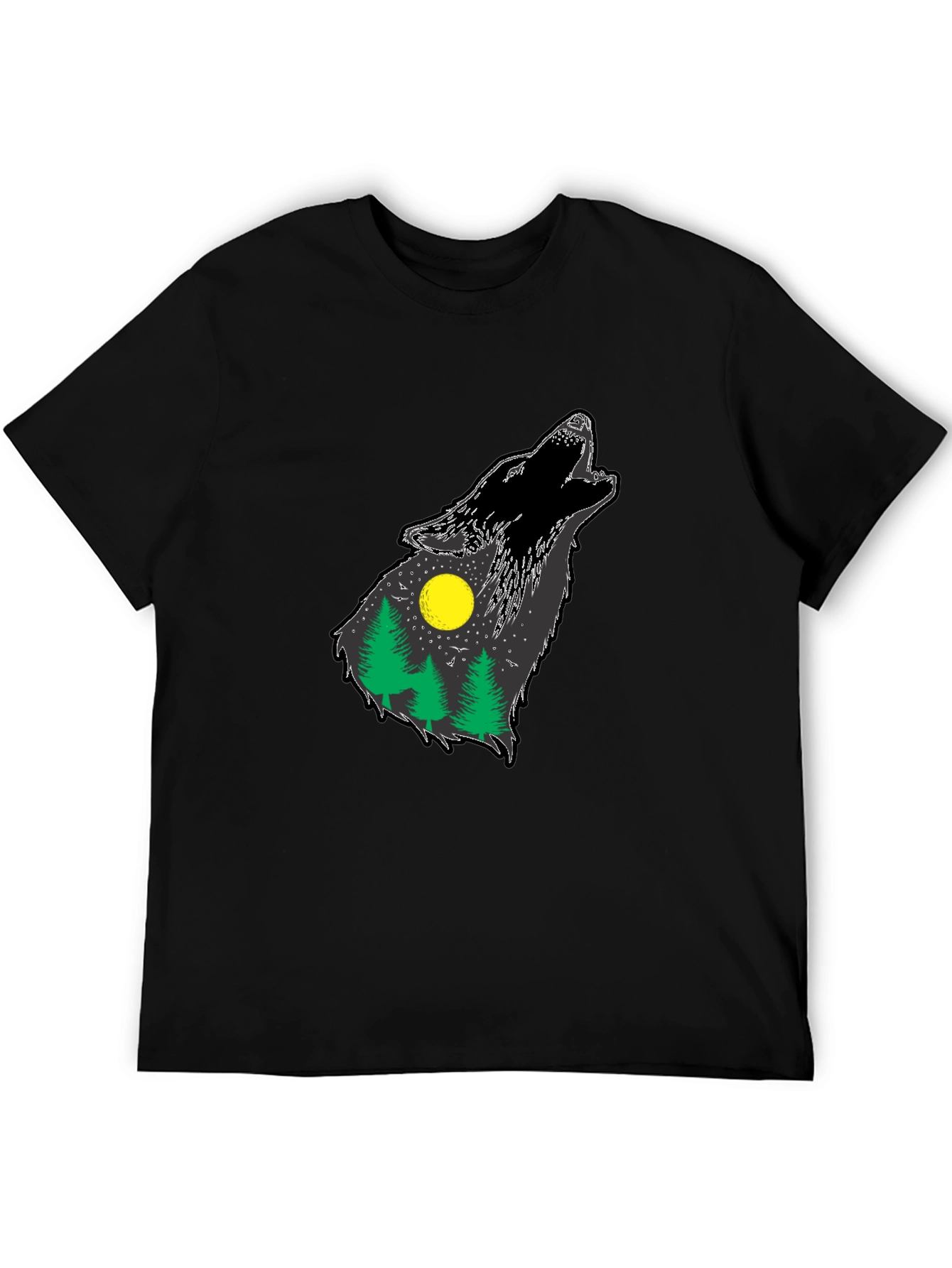 Wolf Howling Forest T-Shirt - Black