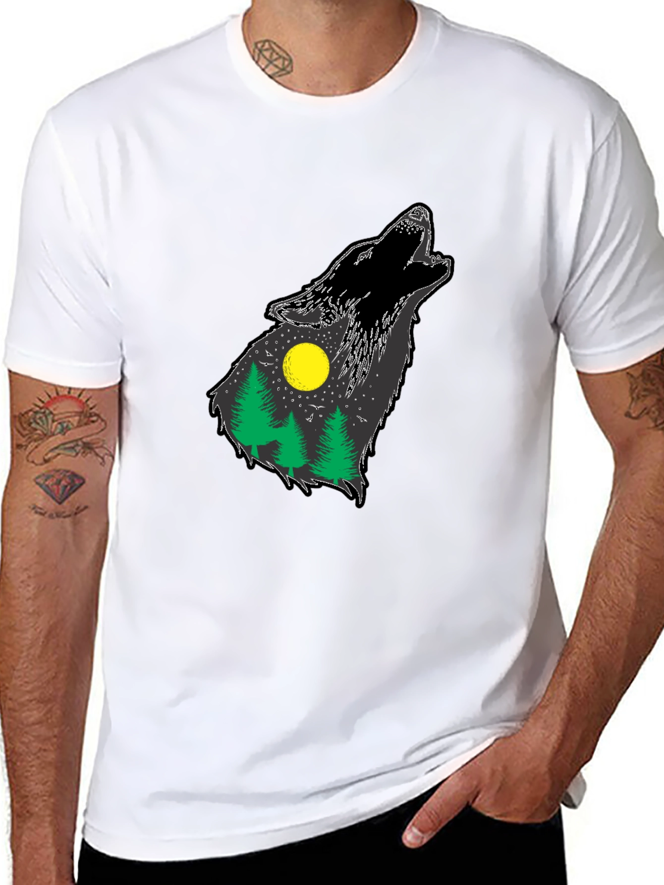 Wolf Howling Forest T-Shirt - Black