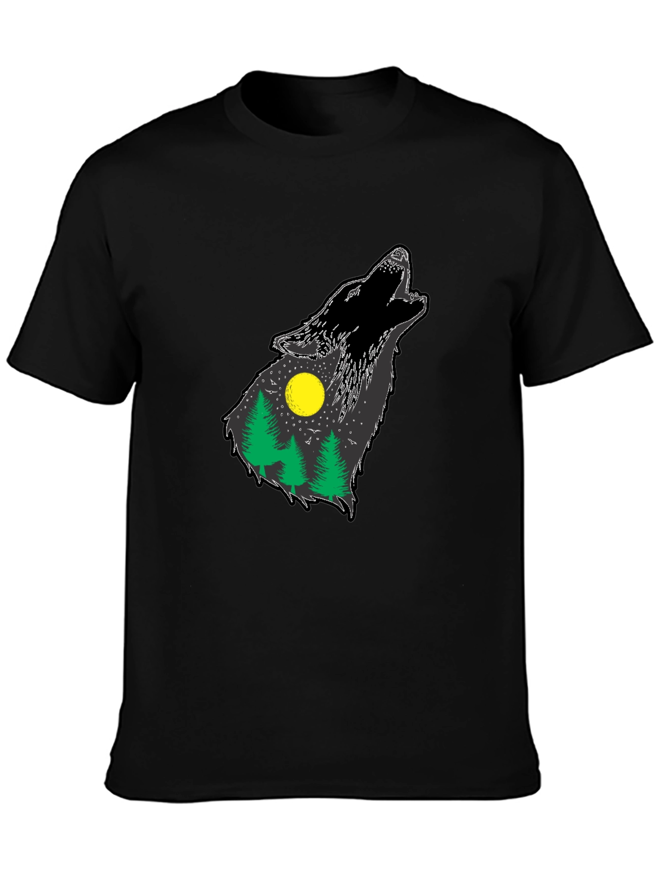 Wolf Howling Forest T-Shirt - Black