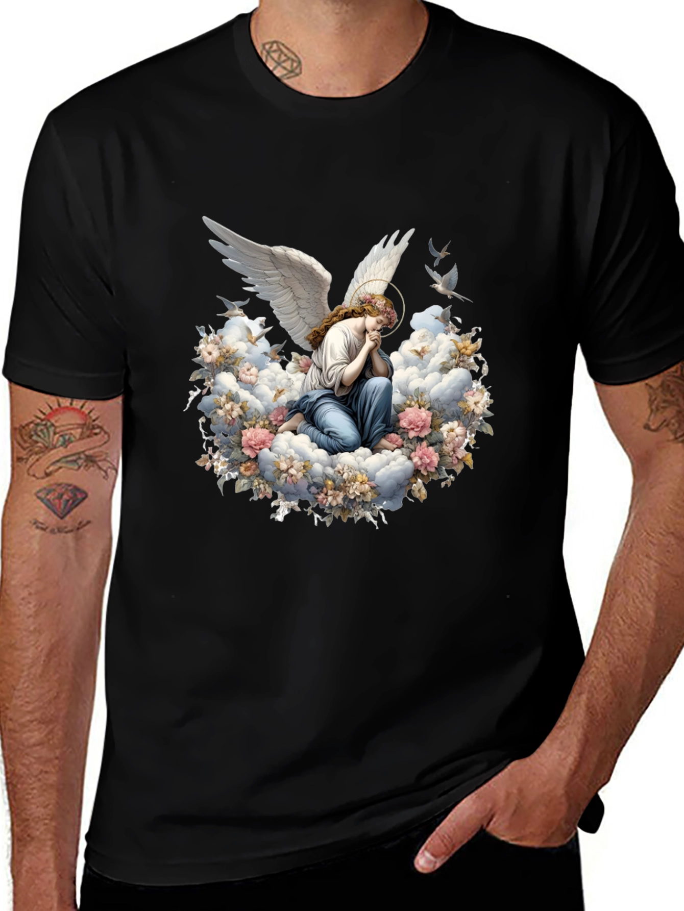Angel in Floral Clouds Graphic T-Shirt