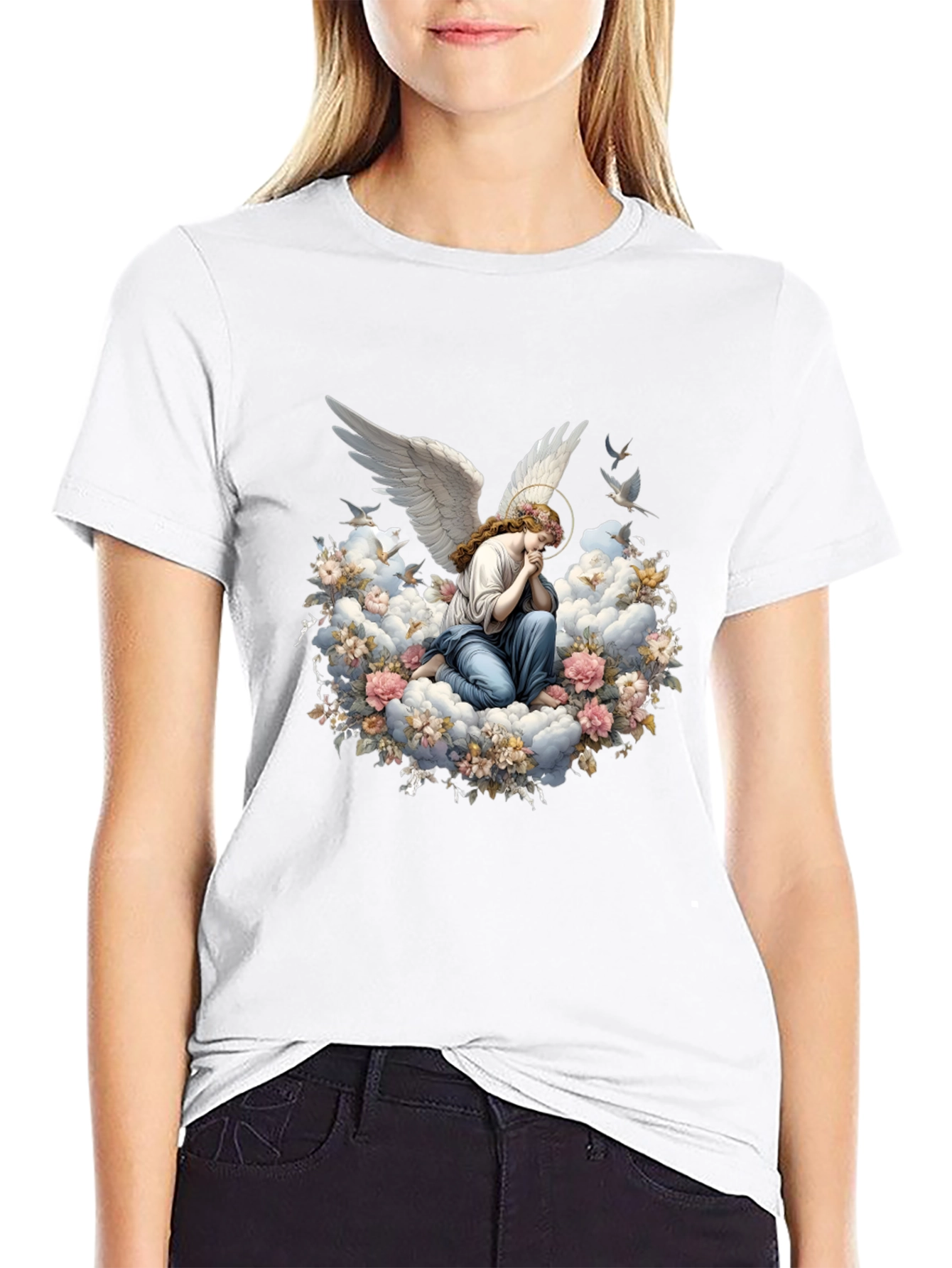 Angel in Floral Clouds Graphic T-Shirt