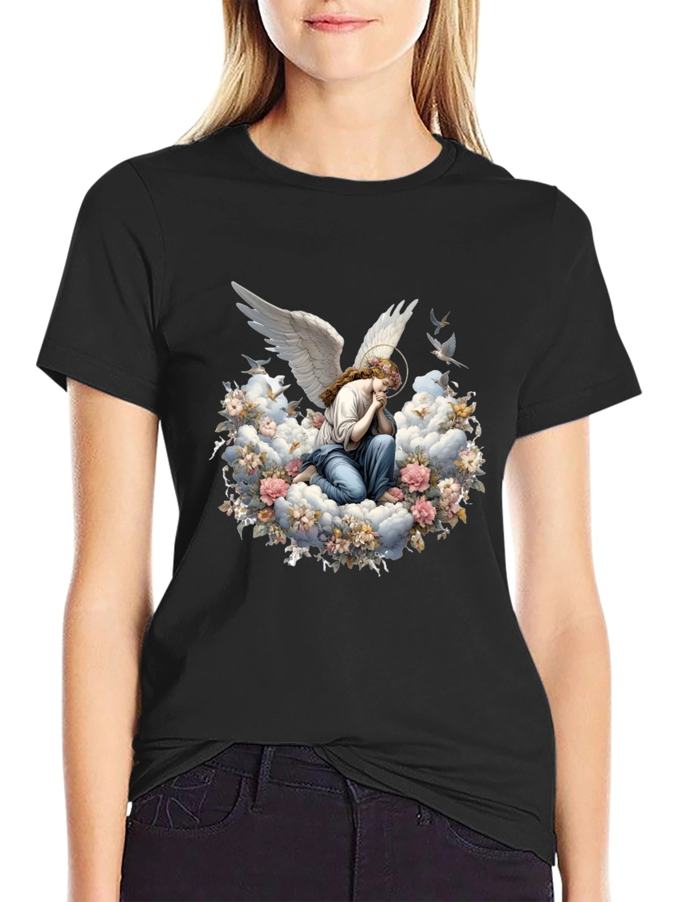 Angel in Floral Clouds Graphic T-Shirt