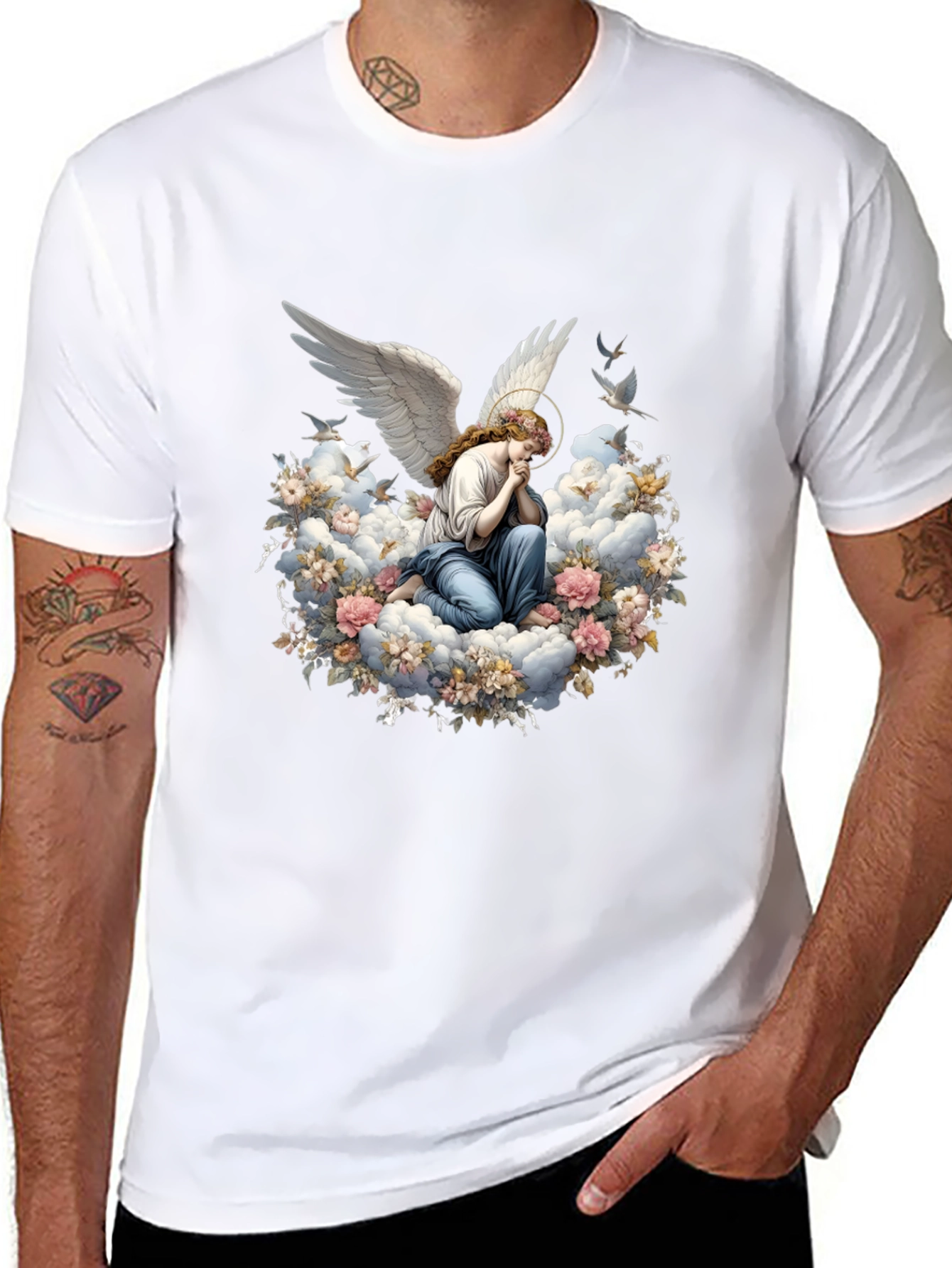 Angel in Floral Clouds Graphic T-Shirt