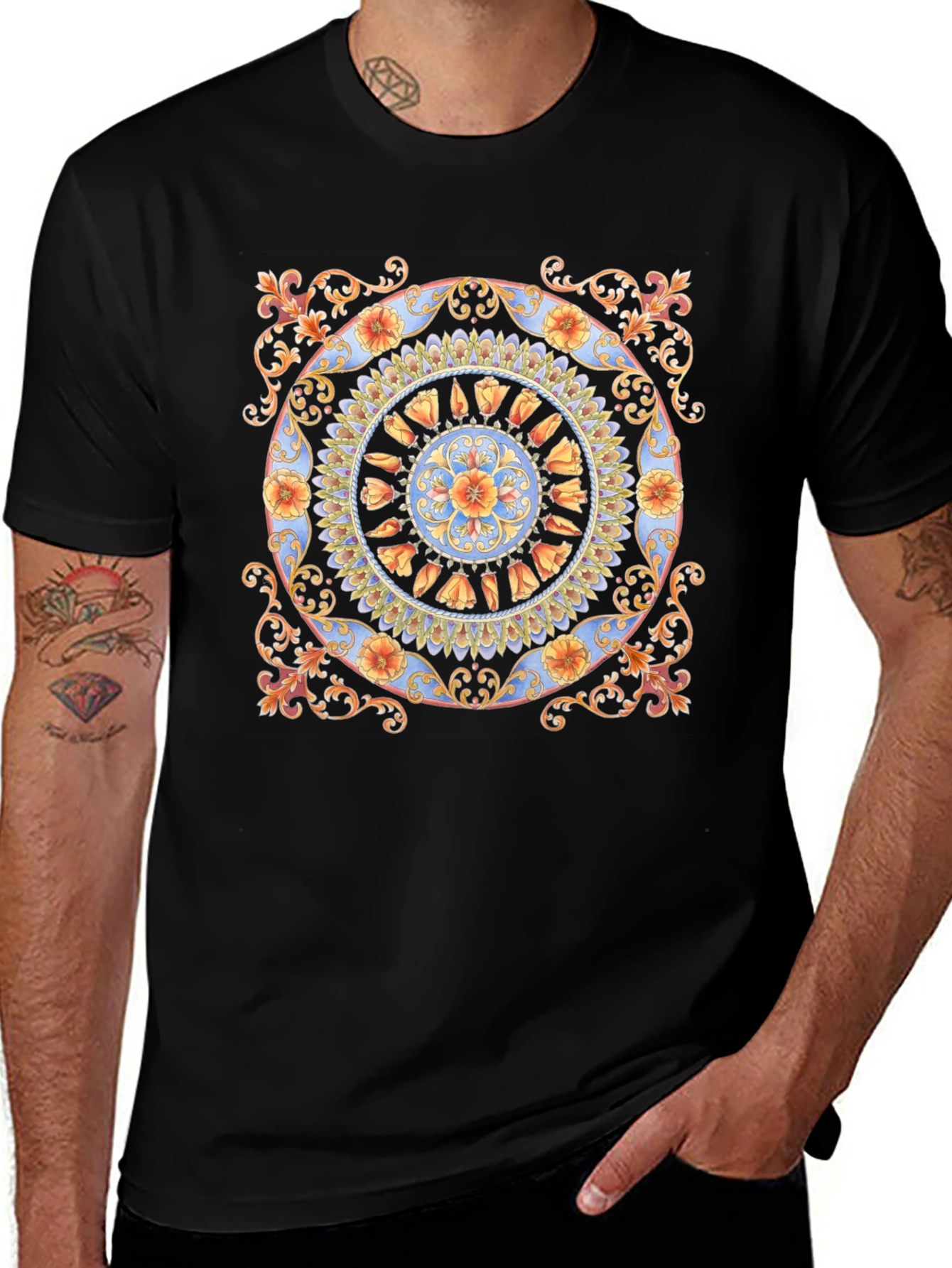Floral Mandala Print Black T-Shirt
