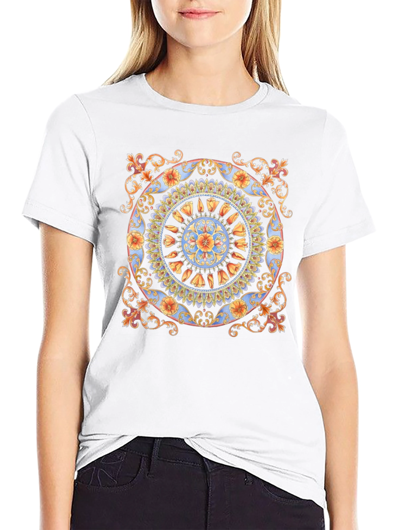 Floral Mandala Print Black T-Shirt
