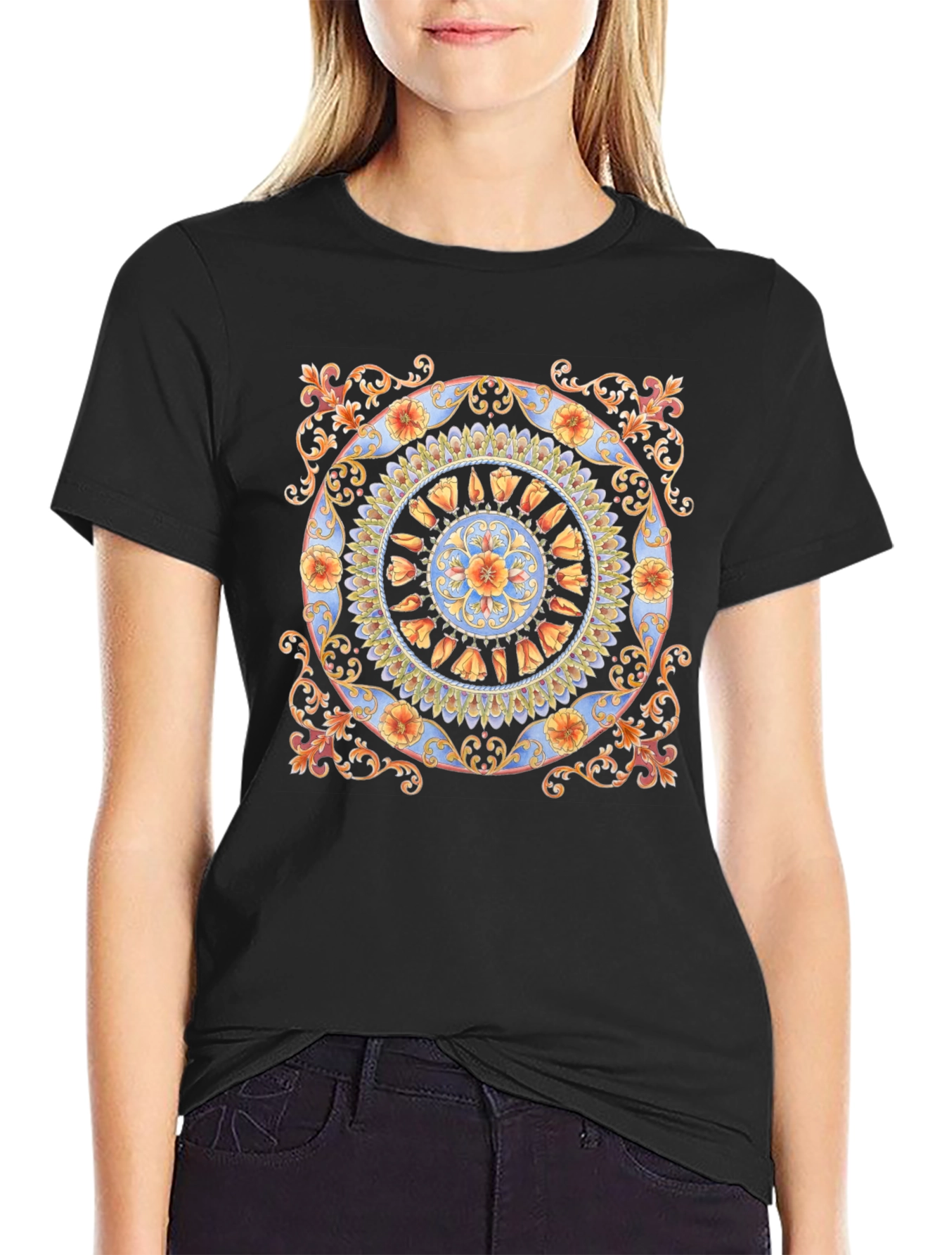 Floral Mandala Print Black T-Shirt
