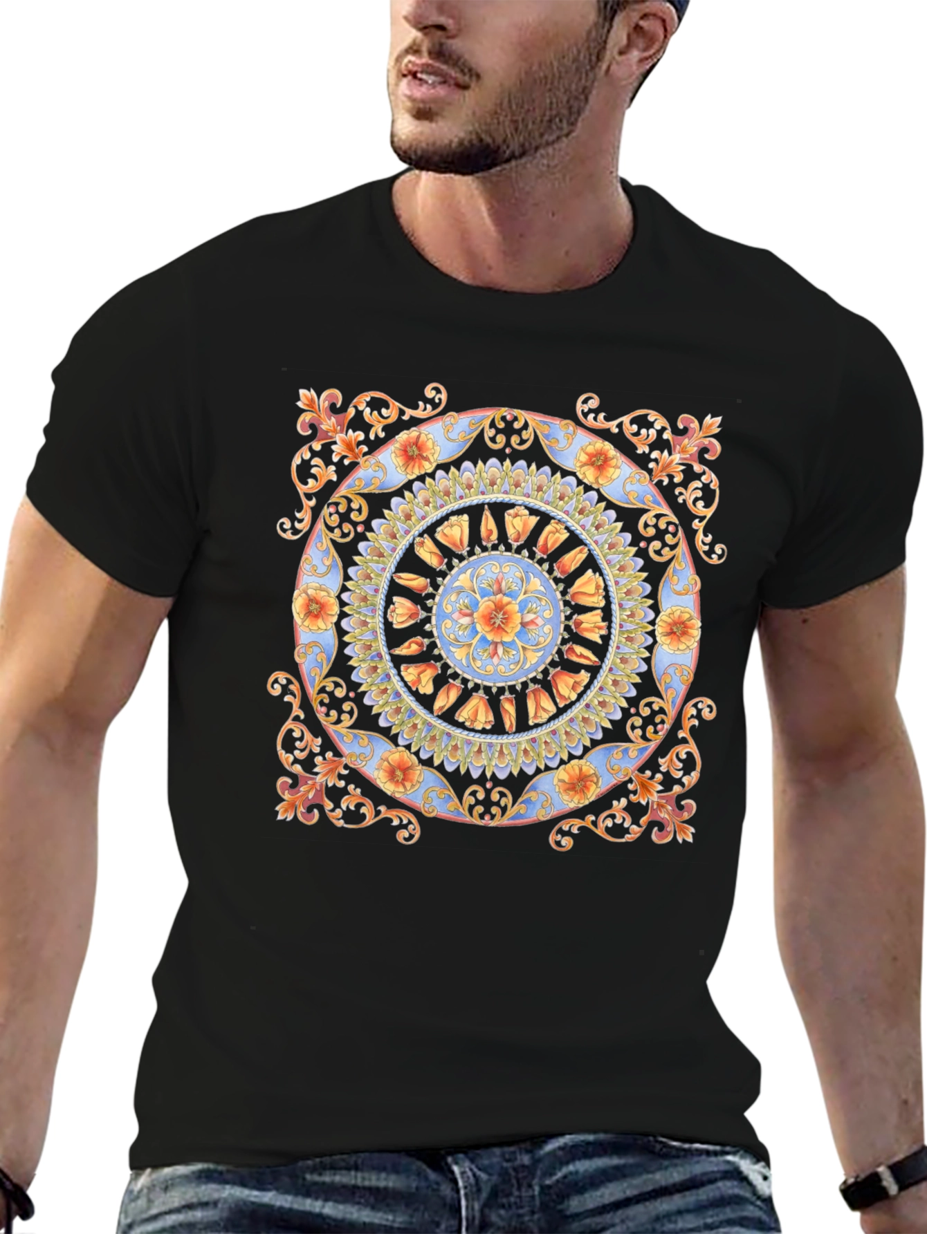 Floral Mandala Print Black T-Shirt