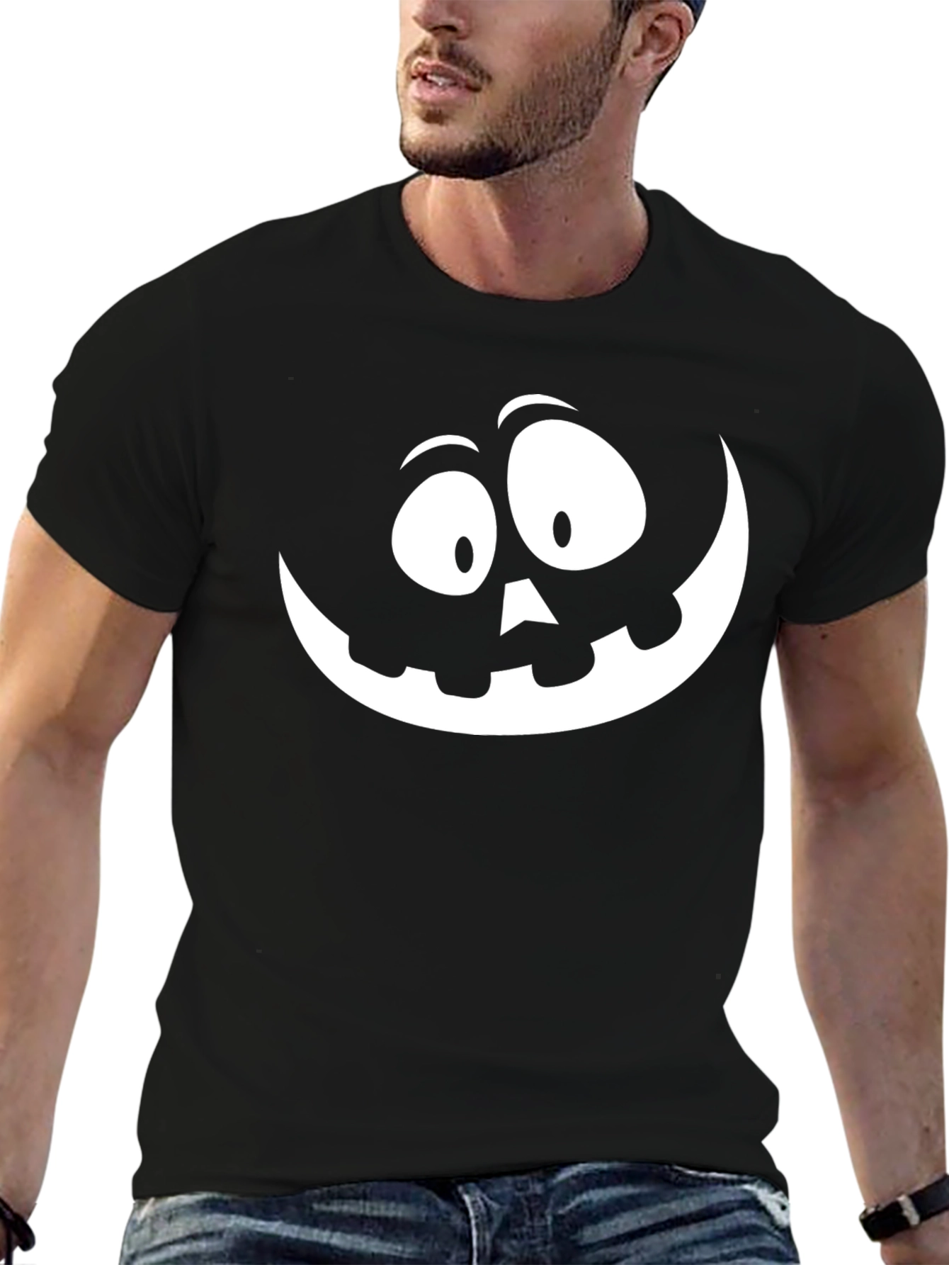 Halloween Pumpkin Face Graphic Tee - Black Cotton T-Shirt