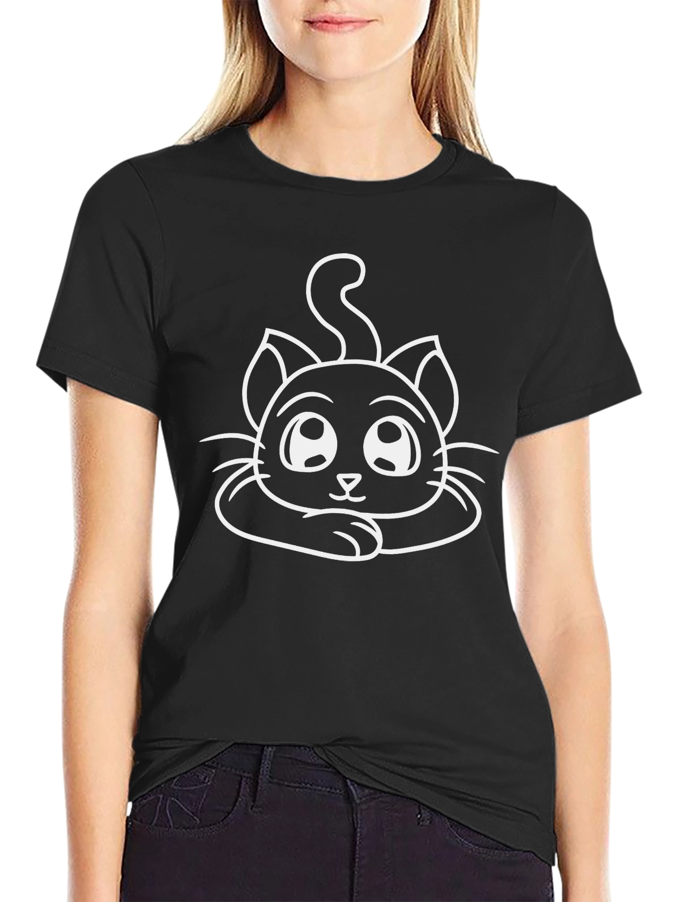 Cute Cartoon Cat Black T-Shirt
