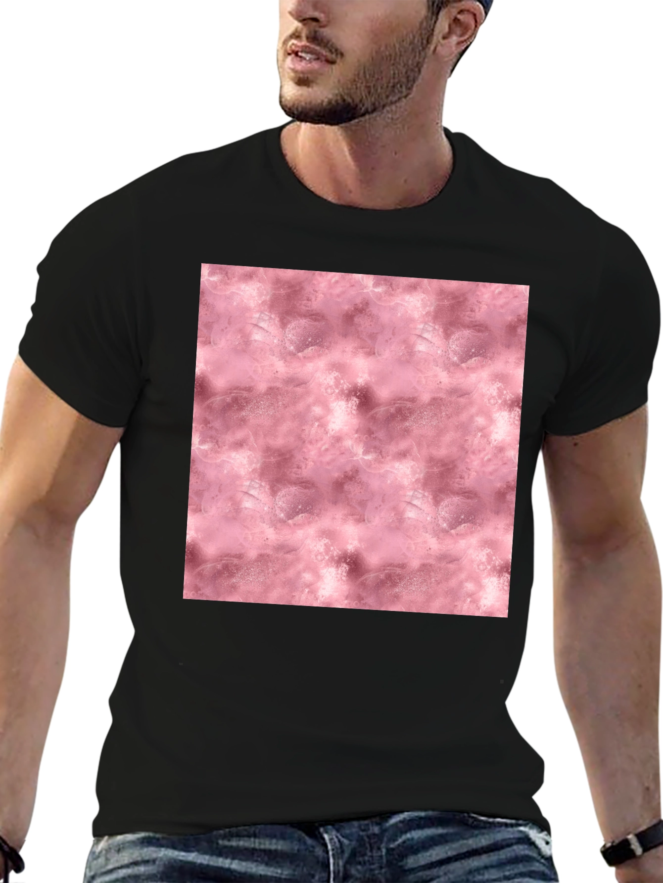Stylish Black Tee with Abstract Pink Pattern