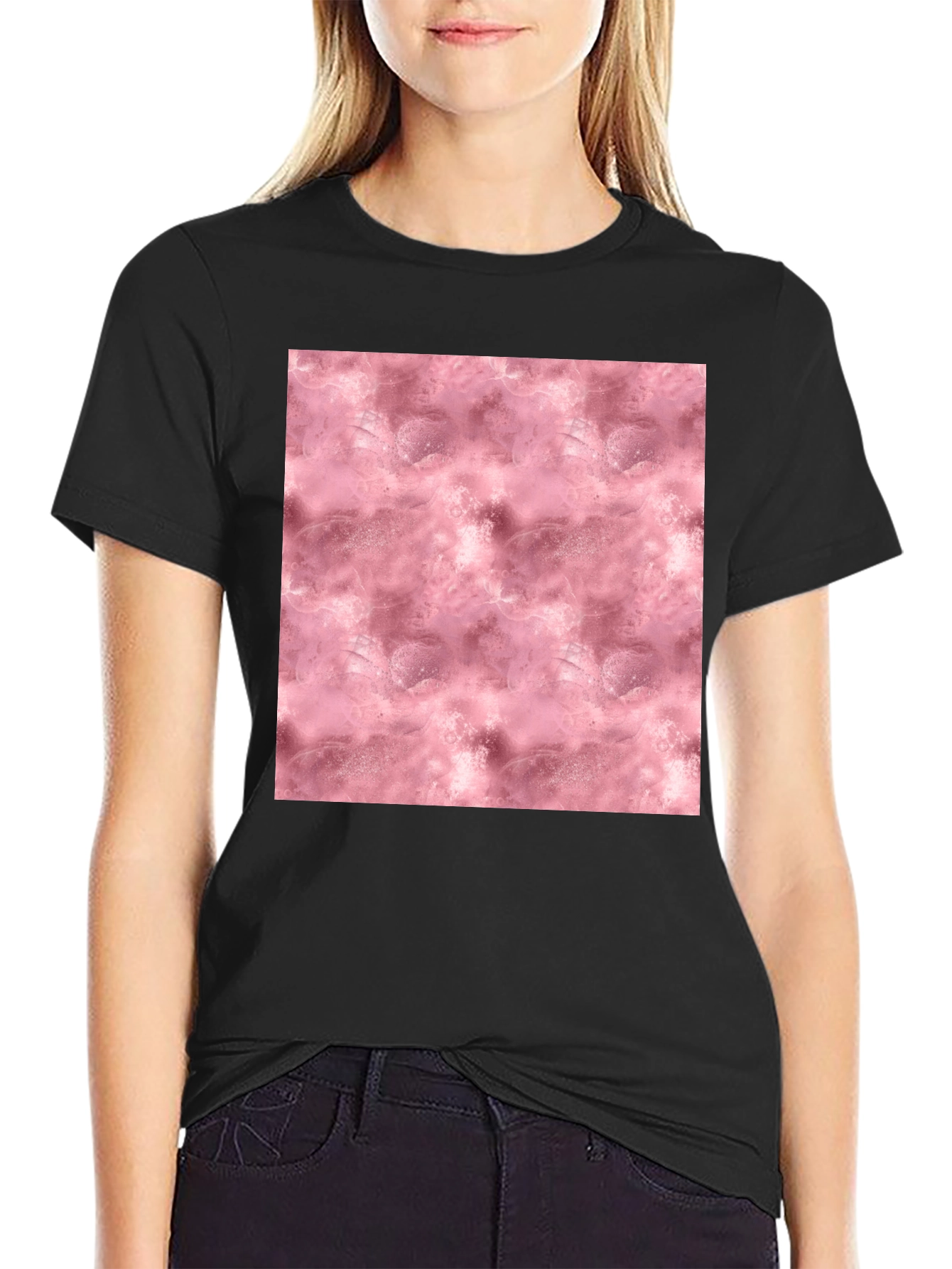 Stylish Black Tee with Abstract Pink Pattern