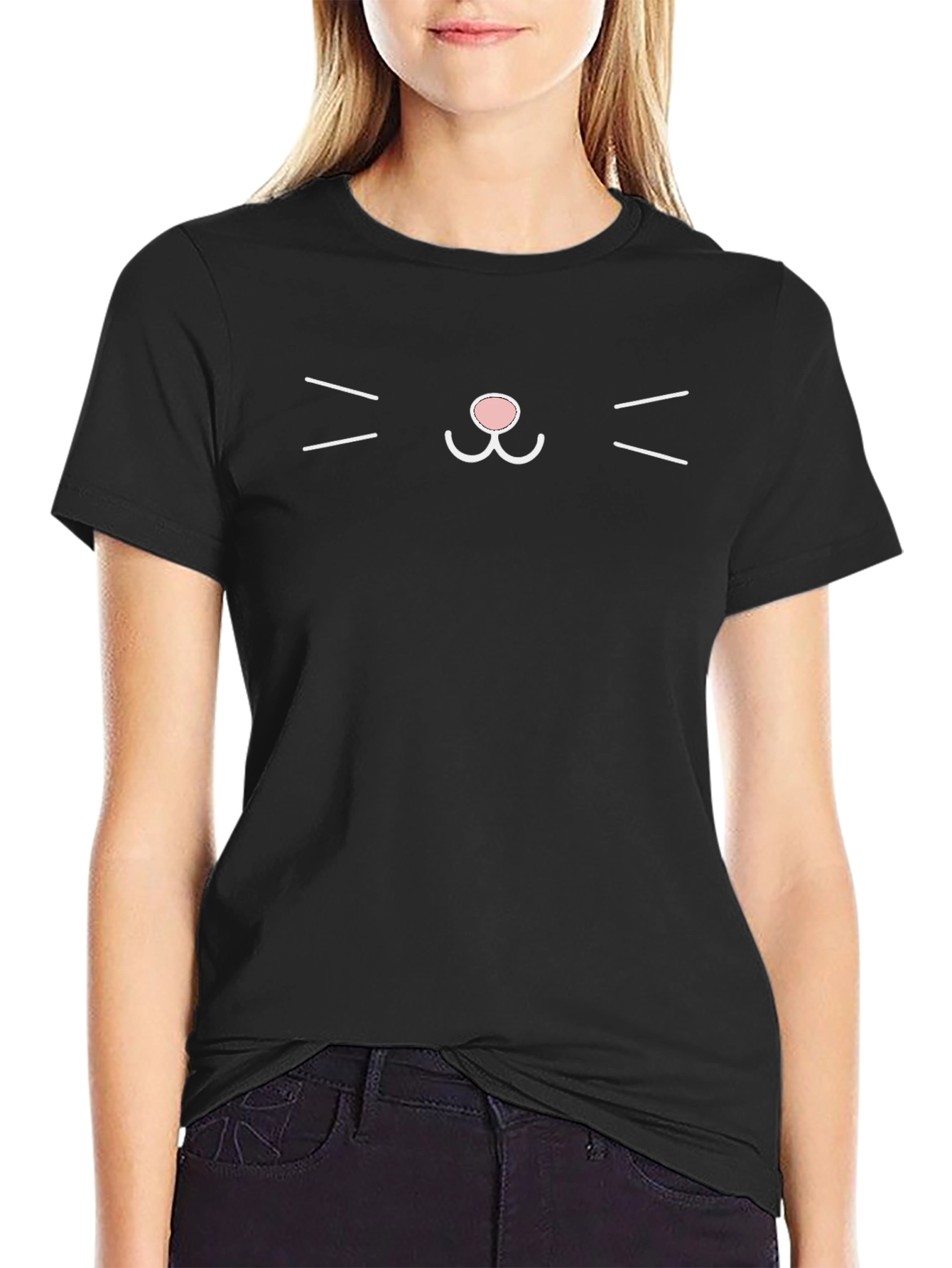 Cute Cat Face Graphic Tee - Black