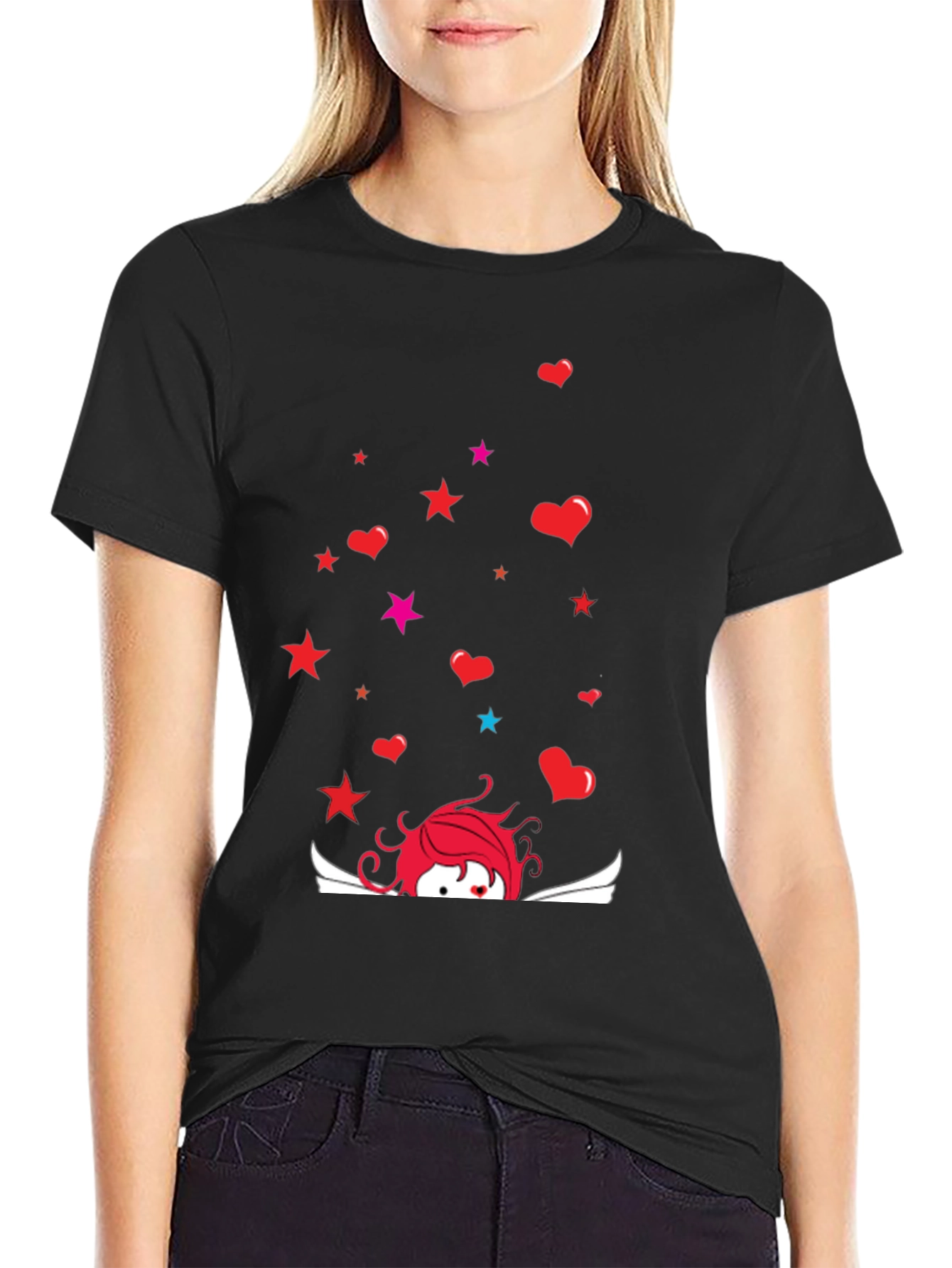 Cupid Star Heart Graphic Black T-Shirt