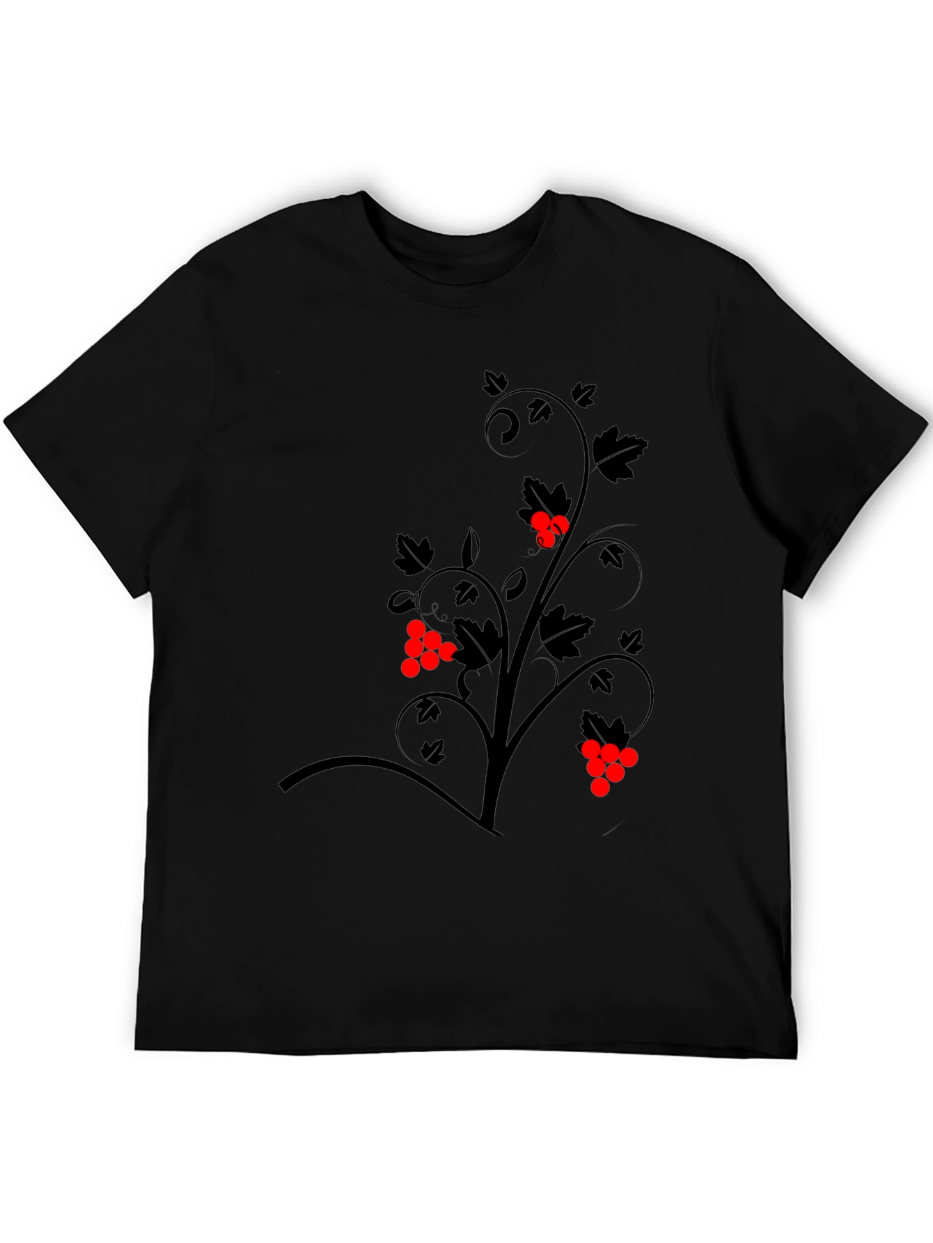 Black Graphic Tee - Vine Design with Red Berries