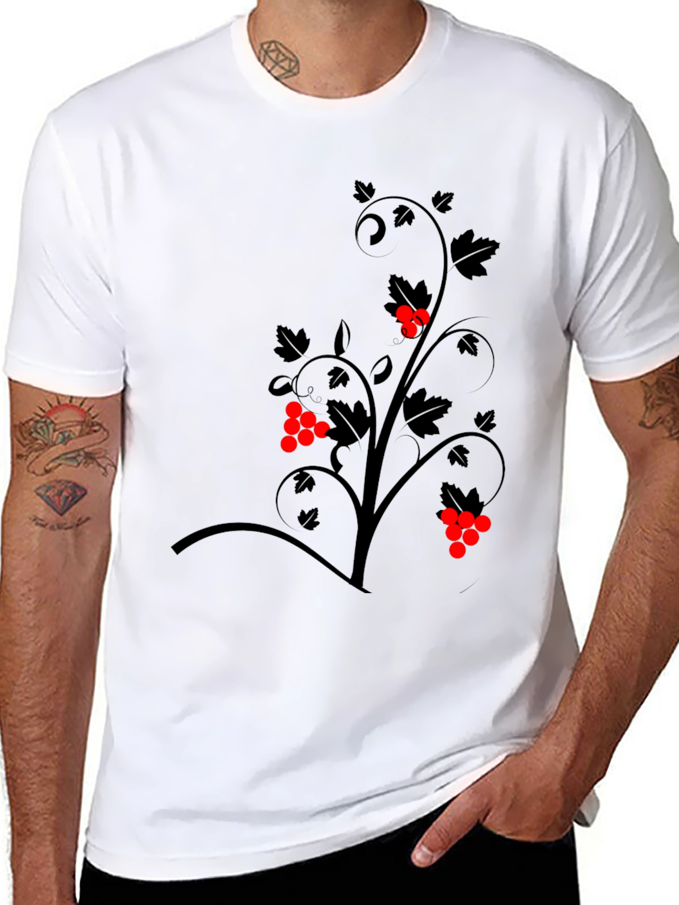 Black Graphic Tee - Vine Design with Red Berries