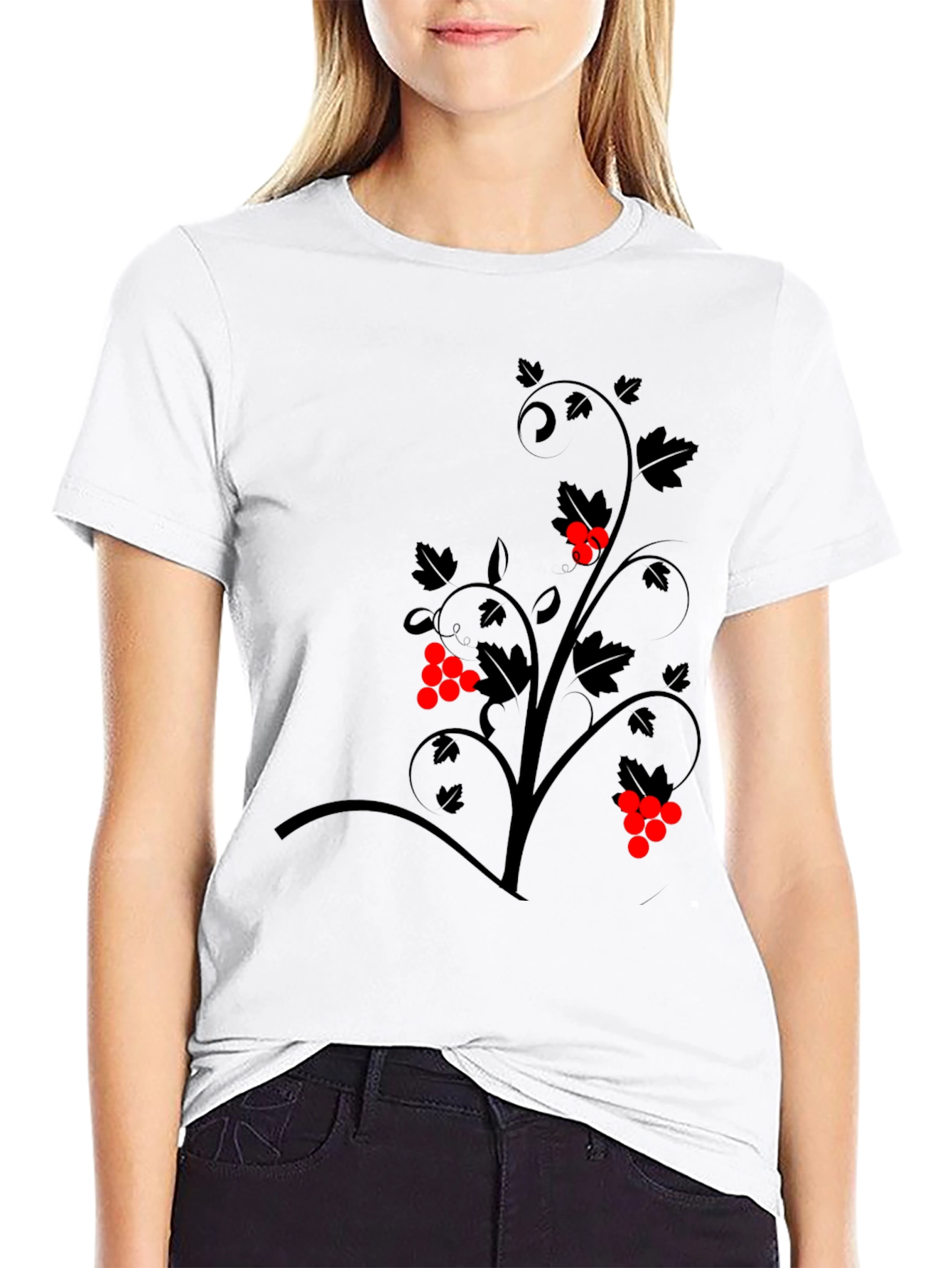 Black Graphic Tee - Vine Design with Red Berries