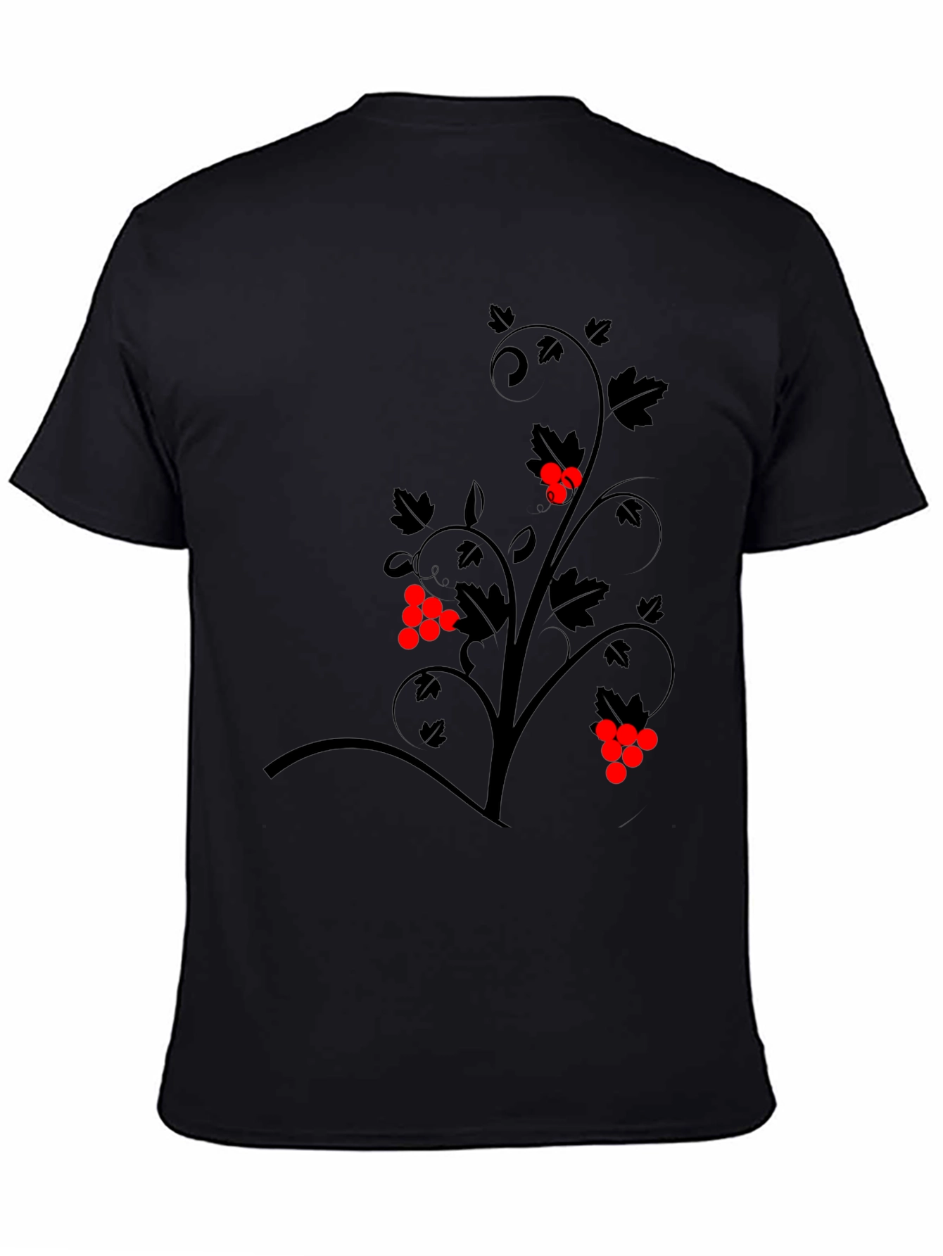 Black Graphic Tee - Vine Design with Red Berries