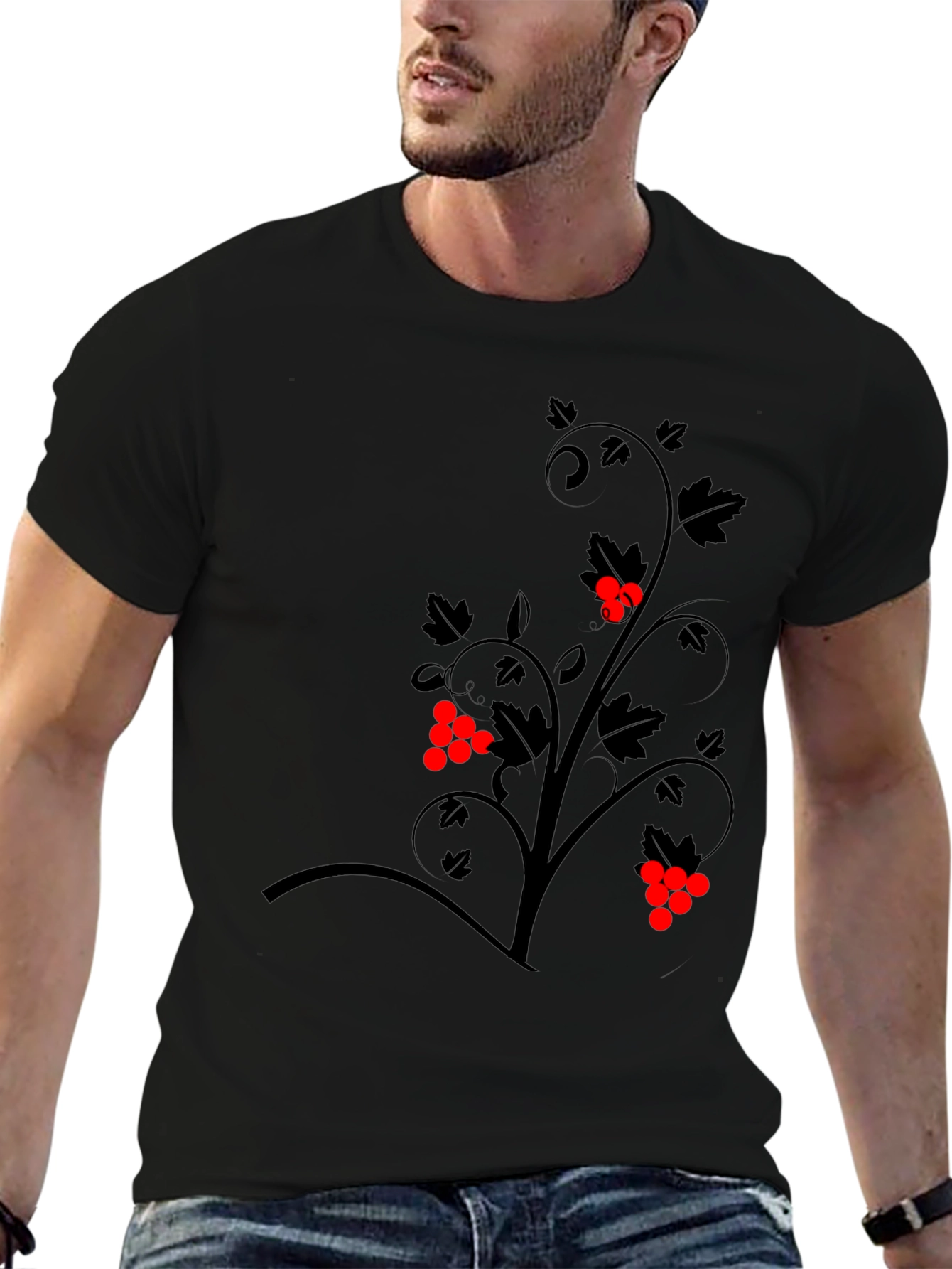 Black Graphic Tee - Vine Design with Red Berries