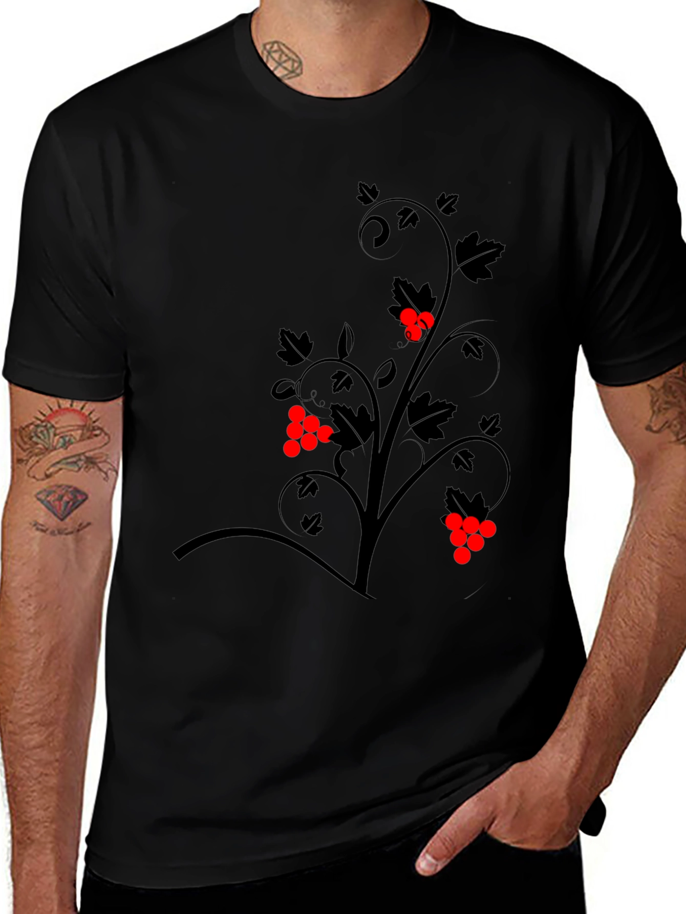 Black Graphic Tee - Vine Design with Red Berries