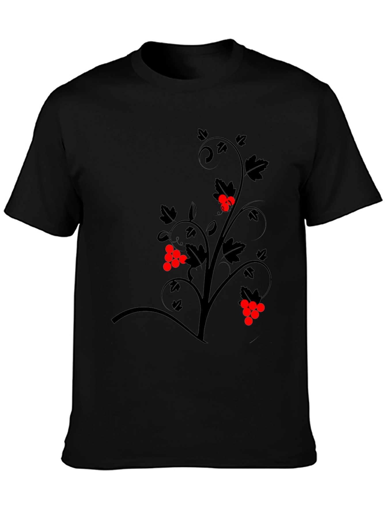 Black Graphic Tee - Vine Design with Red Berries