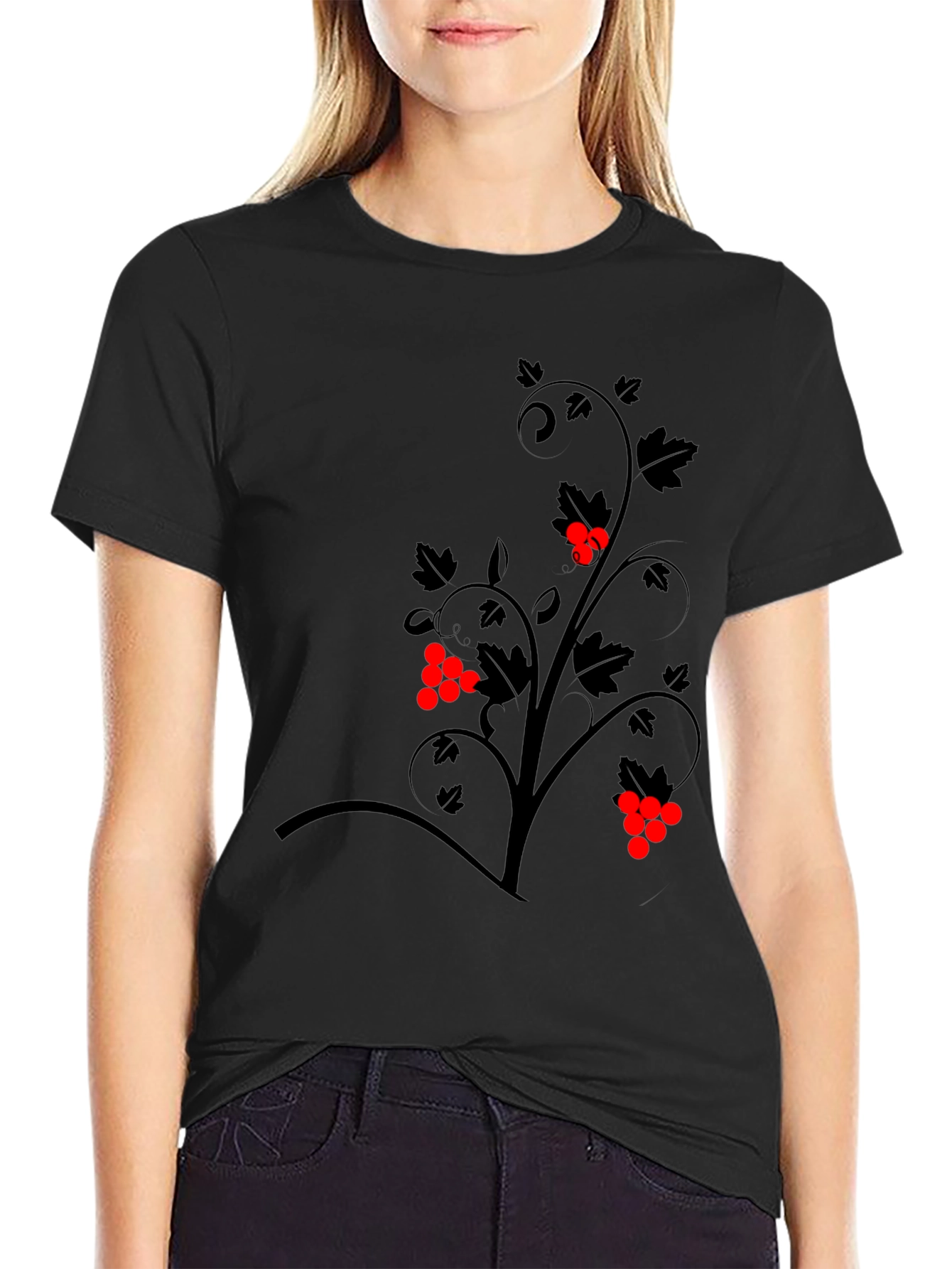 Black Graphic Tee - Vine Design with Red Berries
